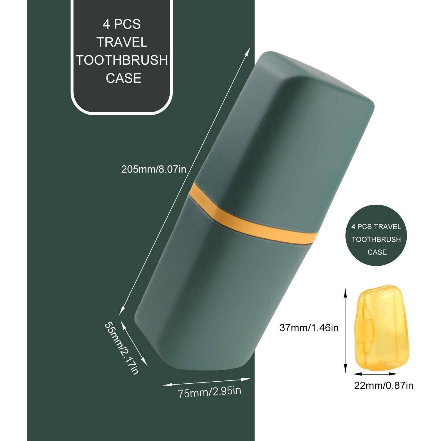 Produktbild eines grünen 4-teiligen Reise-Zahnbürstetuis, das ein zylindrisches Etui mit den Abmessungen 205 mm x 75 mm x 55 mm und ein kleineres gelbes Etui mit den Abmessungen 37 mm x 22 mm zeigt.