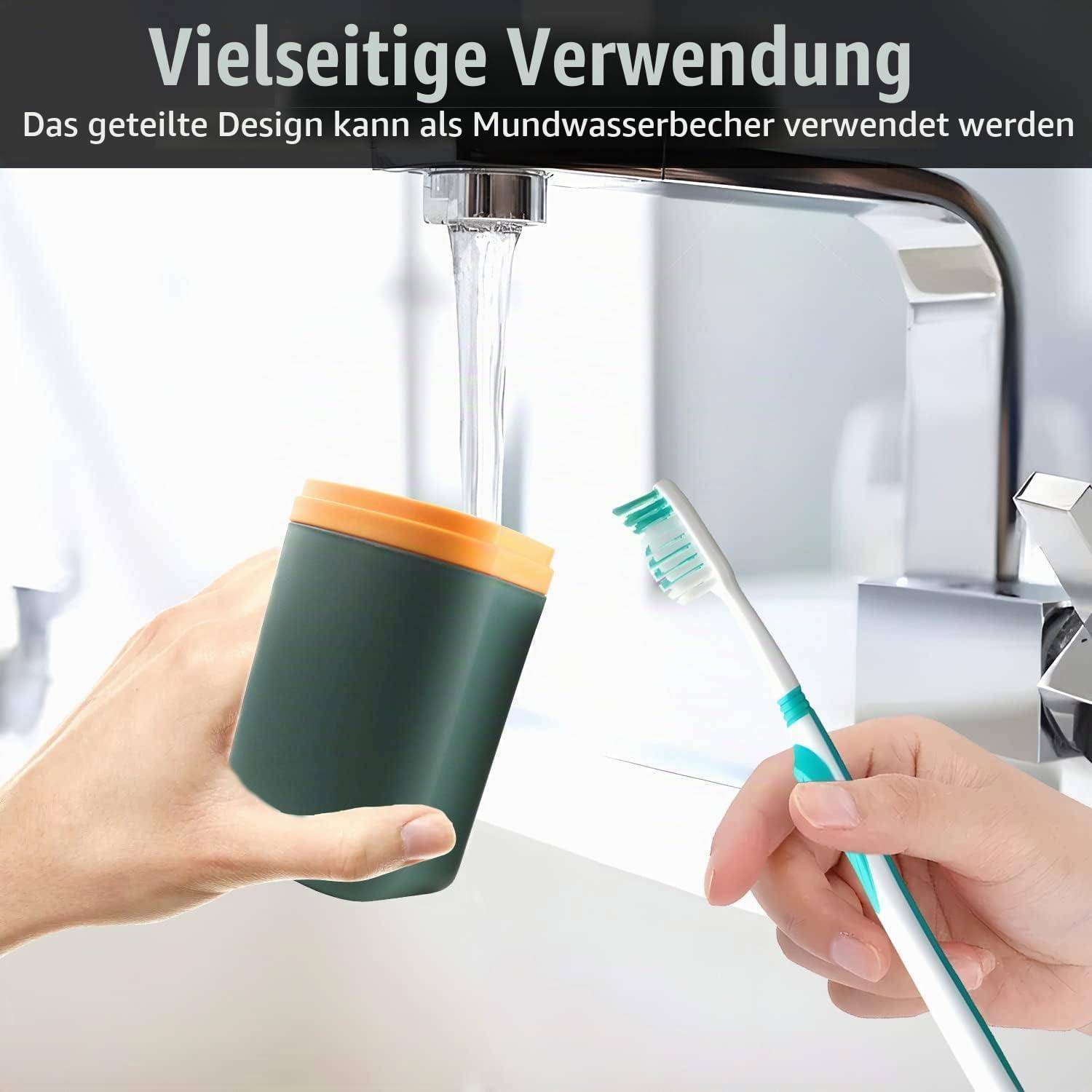 Werbebild, das eine Tasse mit geteiltem Design zeigt, die als Mundwasserbecher neben einer Zahnbürste unter einem laufenden Wasserhahn verwendet wird, mit deutschem Text „Vielfältige Verwendung