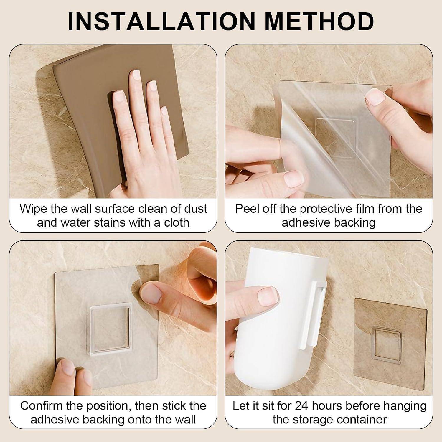 Vierschrittiges Installationshandbuch: Wand reinigen, Klebstoffrückseitenschutz abziehen, an Ort und Stelle drücken, dann 24 Stunden warten, bevor Sie den Behälter aufhängen.
