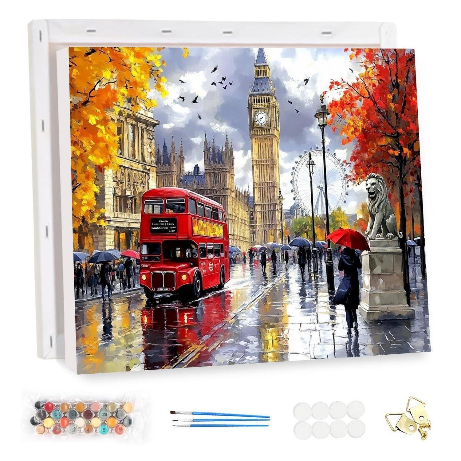 Londoner Straßenkunst-Leinwanddruck mit Big Ben, einem roten Doppeldeckerbus, Fußgängern mit Regenschirmen und Herbstbäumen; umfasst Hängezubehör unten.