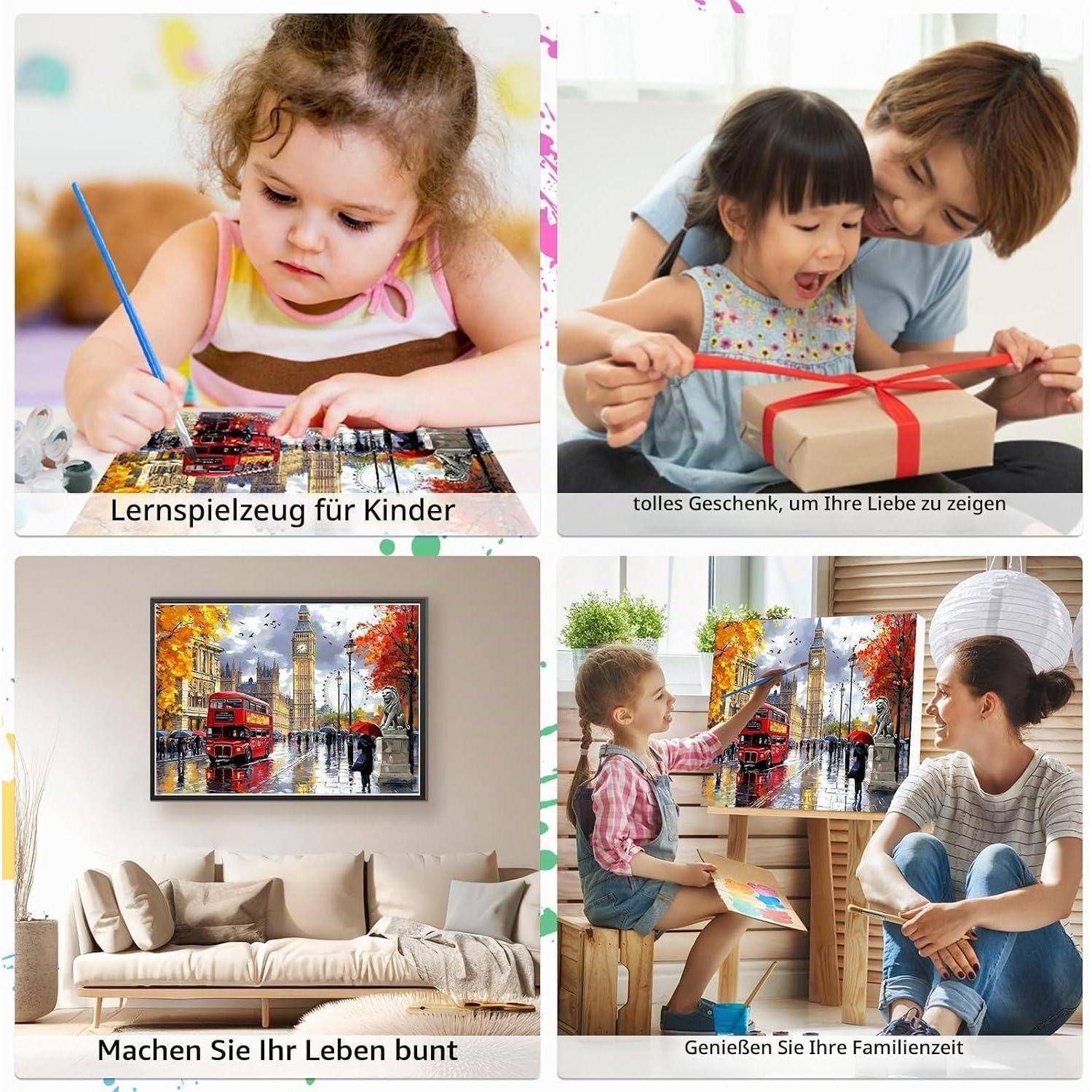 Collage aus vier Szenen: Kind malt mit 