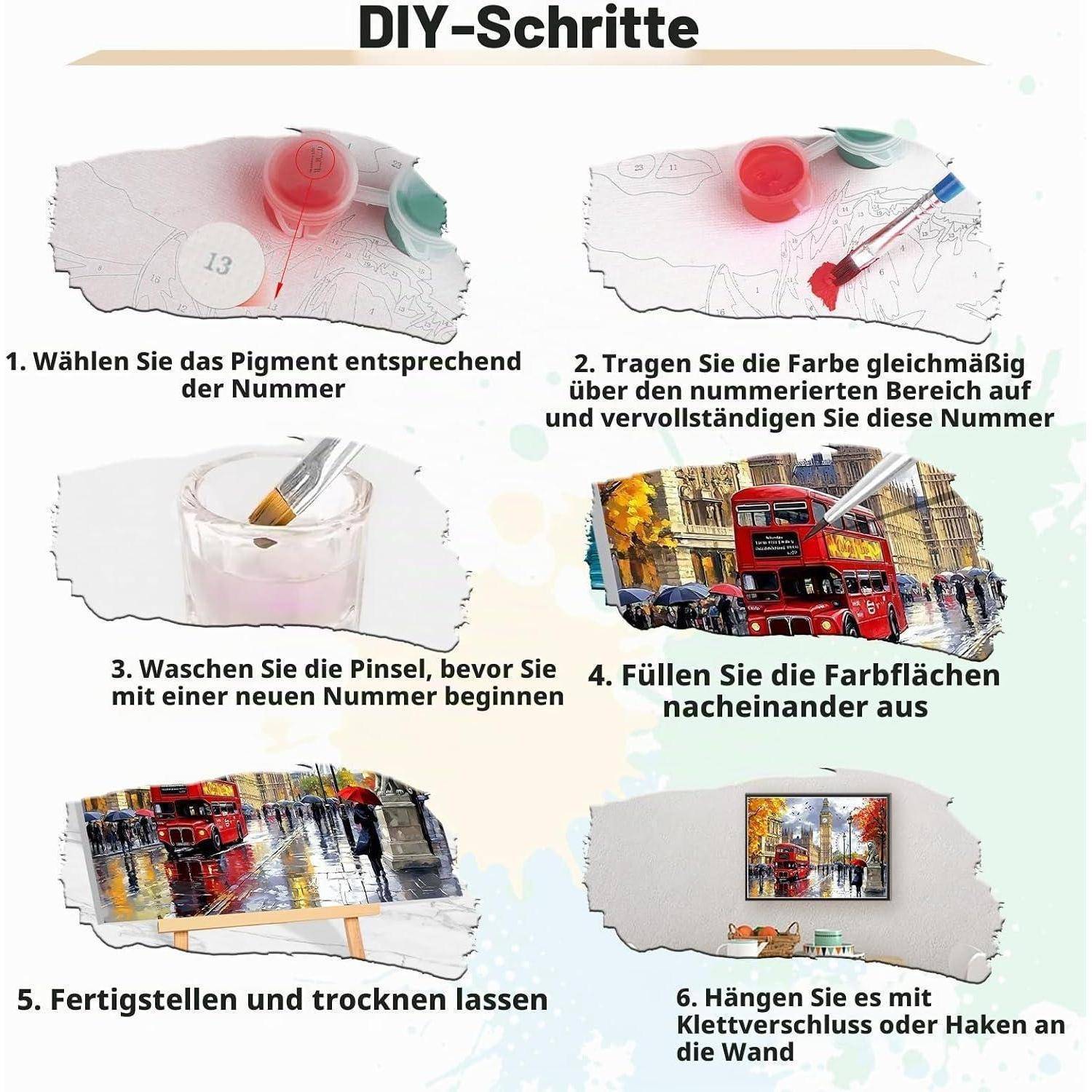 Deutsche Schritt-für-Schritt-Anleitung für ein Malen-nach-Zahlen-Kunstwerk: Wählen Sie passende Farben aus, füllen Sie die nummerierten Bereiche aus, waschen Sie die Pinsel, vervollständigen Sie das Werk und lassen Sie es trocknen, dann hängen Sie es an die Wand auf.