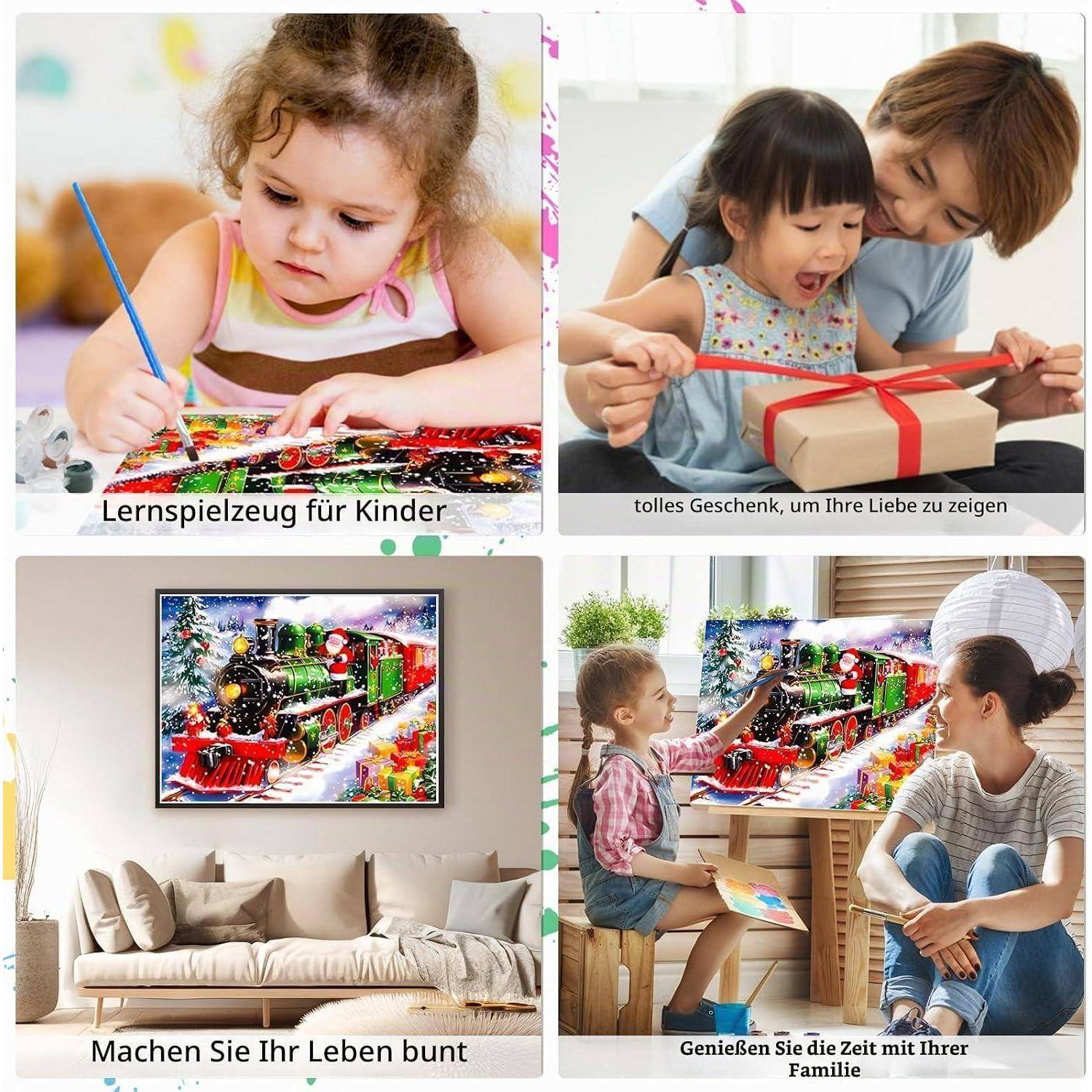 Collage-Werbung für eine digitale Mal-Leinwand: Kind beim Malen, Mutter und Kind öffnen ein Geschenk, und das fertige Weihnachtszug-Bild wird im Wohnzimmer angezeigt.