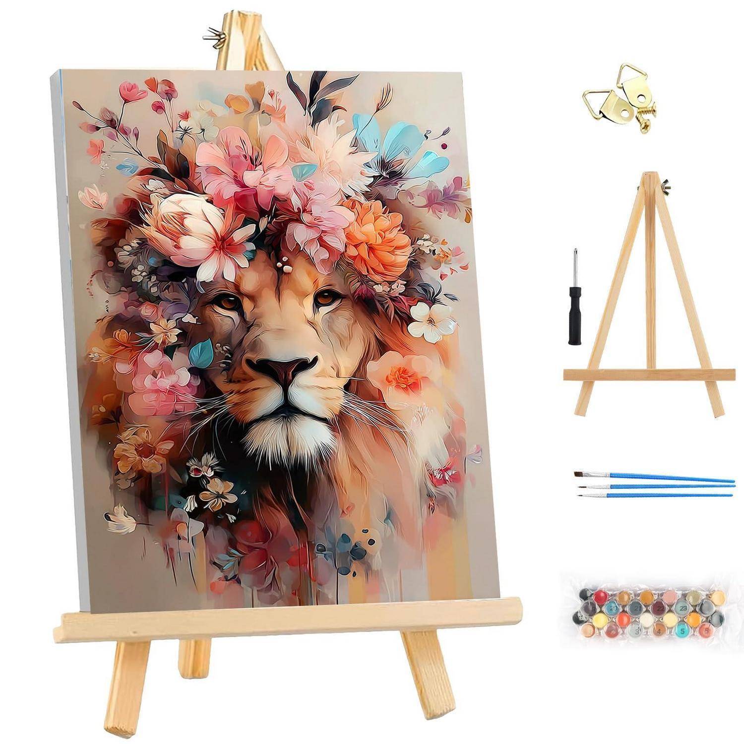 Kunstständer mit Gemälde eines Blumenlöwen, mit kleinem Ständer, Schraubendreher, Pinseln und Farbset als mitgelieferte Zubehörteile.