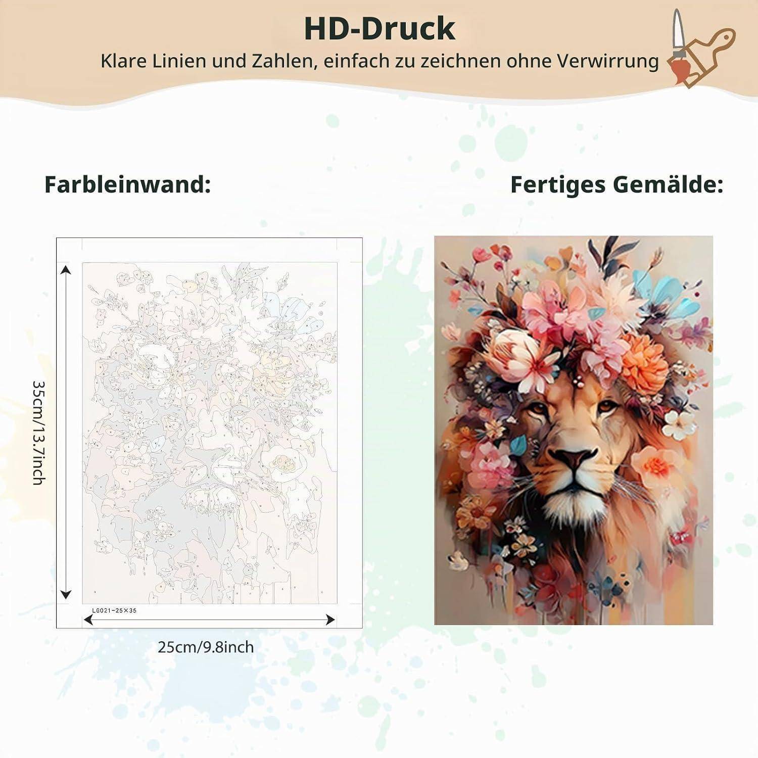 MEIYUDA Malen Nach Zahlen Erwachsene mit Rahmen, Diy Set Erwachsene Löwe Blumen Bastelset, 3 Pinsels Und Acrylfarbe Diy Handgemalt öLgemäLde Kit Al