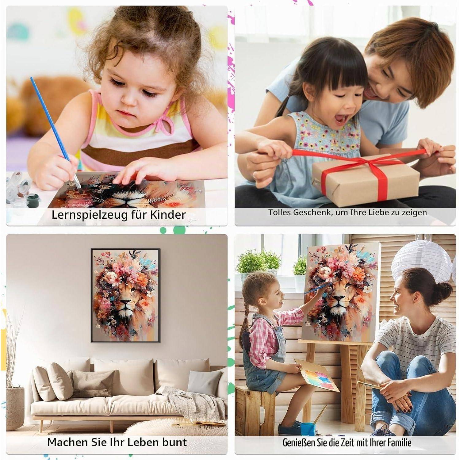 Collage aus vier Lifestyle-Anzeigen: Kinder beim Malen, Elternteil und Kind beim Auspacken eines Geschenks, ein farbenfroher Löwe-Wanddruck in einem Wohnzimmer und eine Familie, die gemeinsam Kunst genießt.