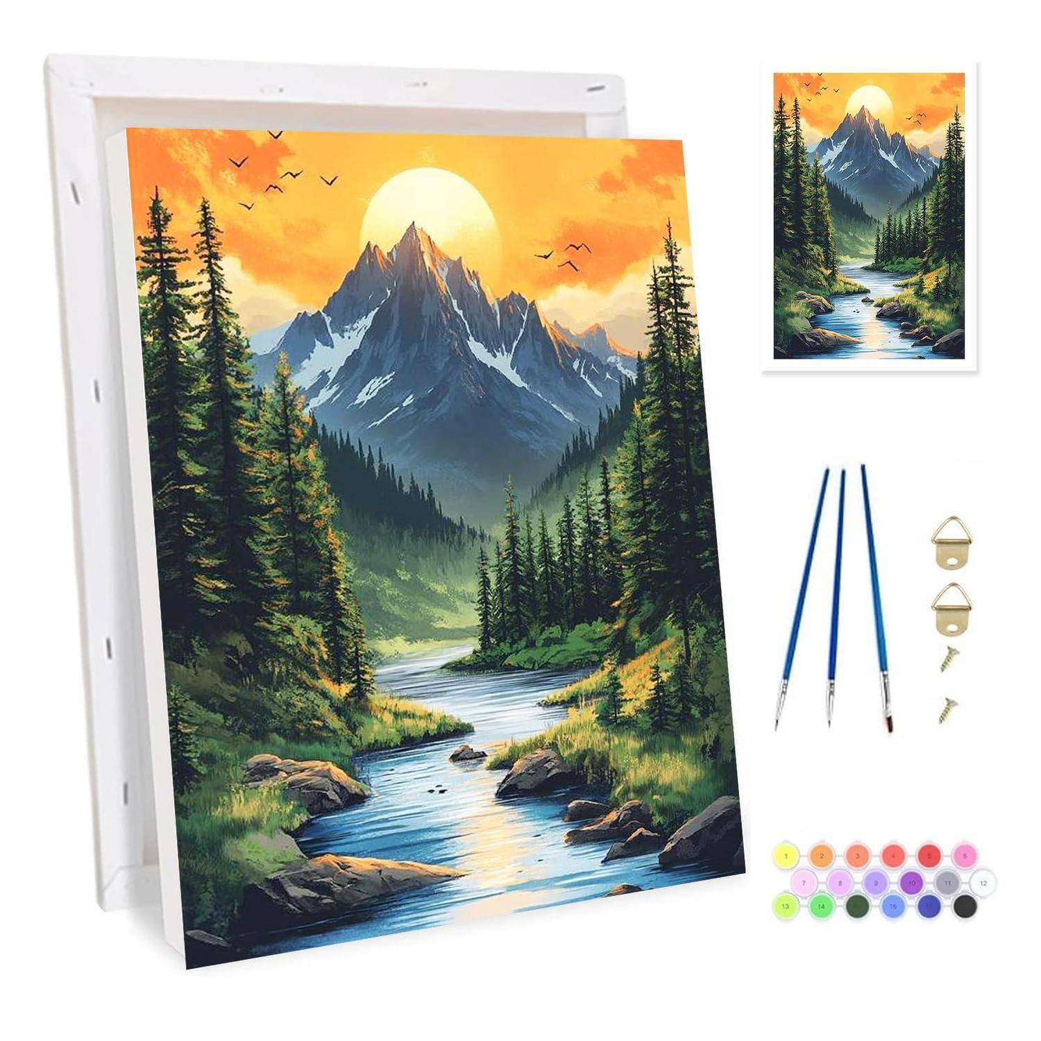 Diamantmalerei-Set mit einer Berglandschaftsleinwand mit Fluss, Bäumen und Sonnenuntergang sowie Werkzeugen und Bohrern auf der Seite.