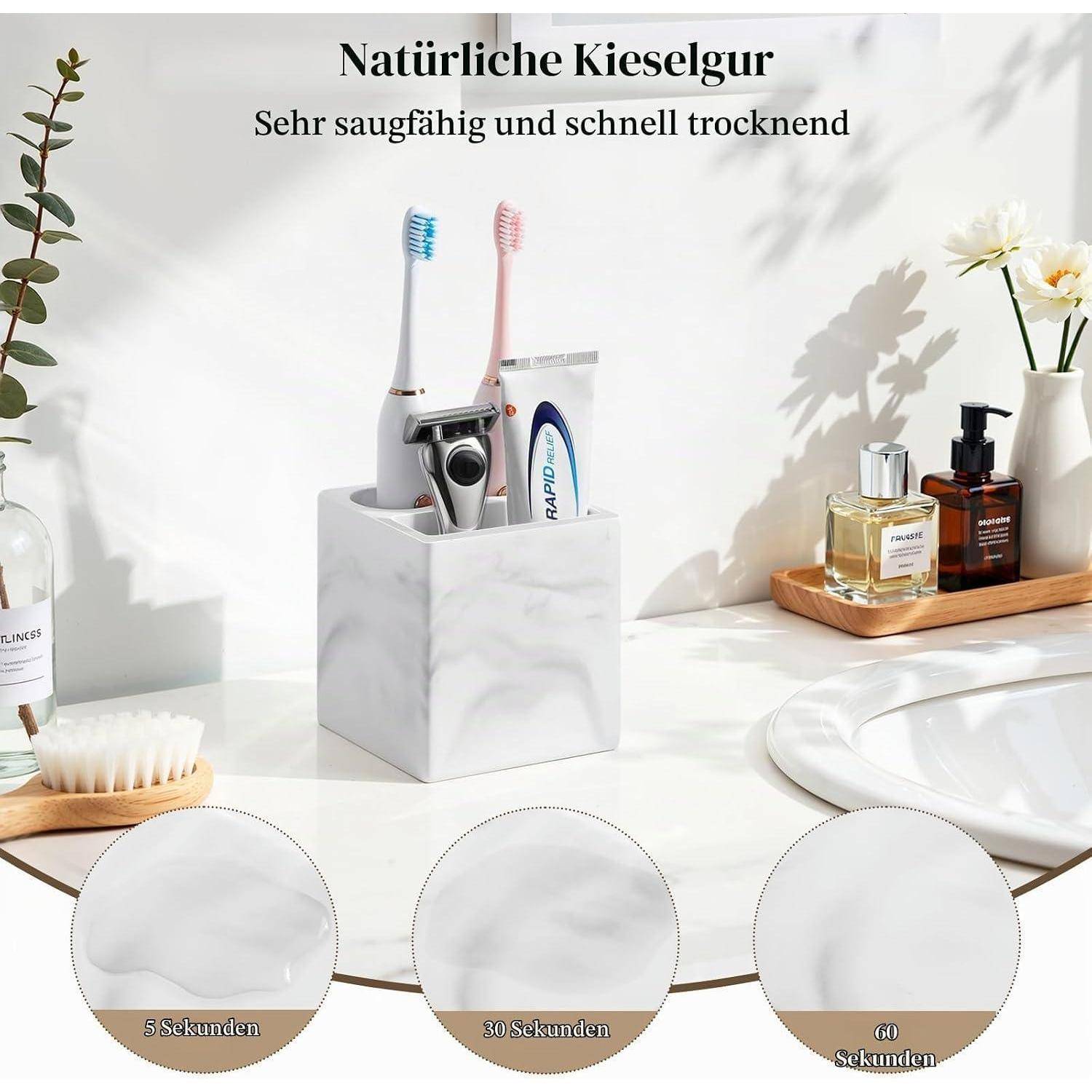 Badezimmerorganizer mit Marmor-Optik zum Aufbewahren von Zahnbürsten und Rasiererern, beschriftet mit „Natürliche Kieselgur