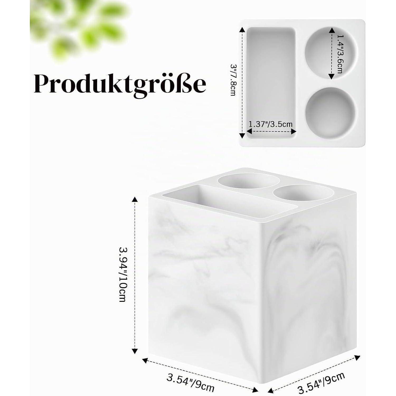 Größendiagramm eines quadratischen Organizers im Marmor-Look mit drei Fächern, beschriftet mit 9 cm Breite und 10 cm Höhe, mit oberer Ansicht zeigt die Abmessungen der Fächer.