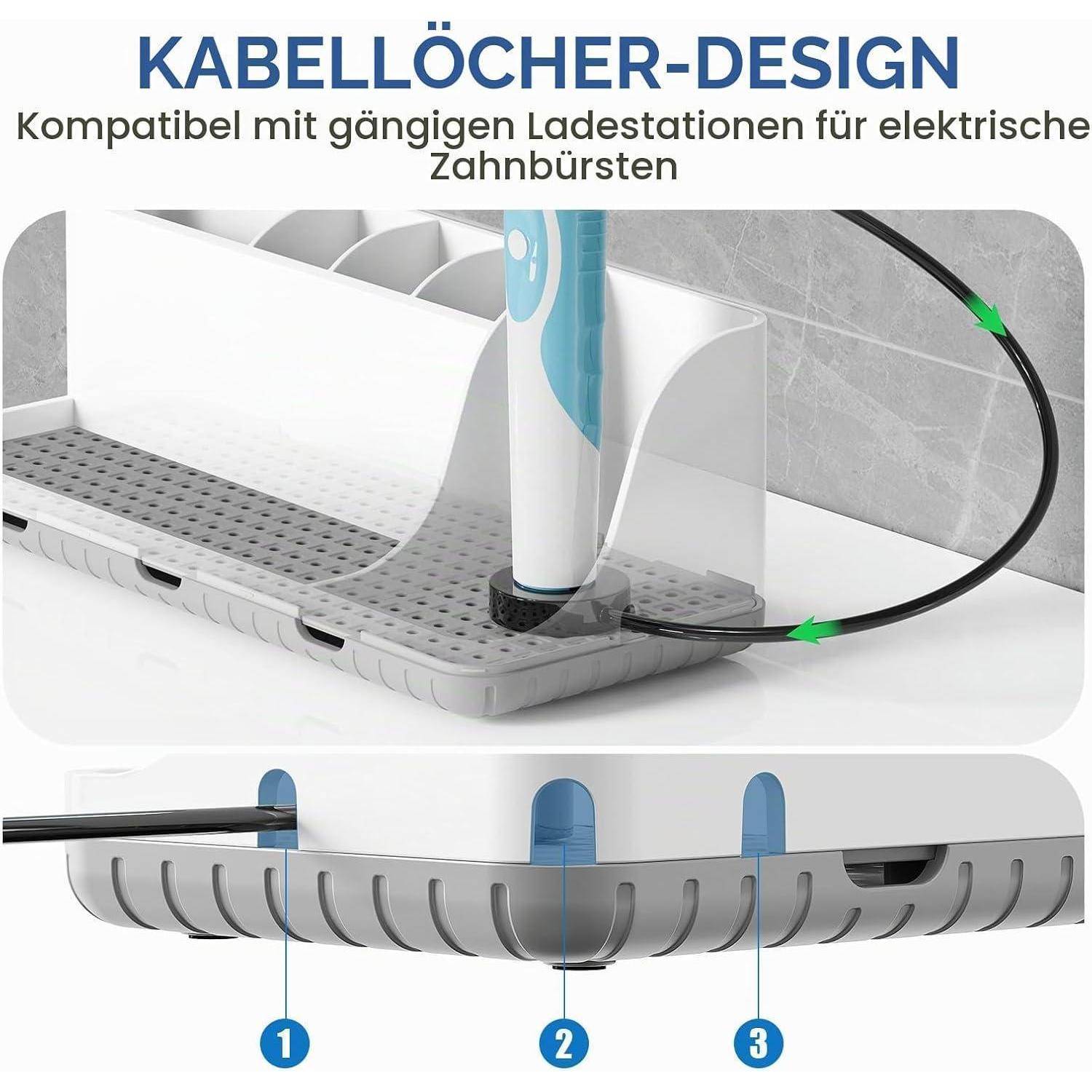 Diagramm einer Zahnbürsten-Ladestation mit einem Kabelführungs-Design für elektrische Zahnbürsten, mit drei beschrifteten Kabelausgängen und einem geflochtenen Kabel.
