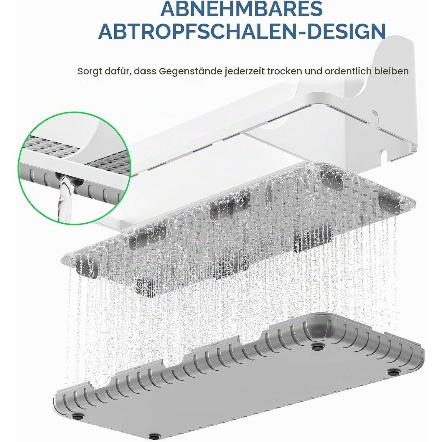 Explosionsansicht eines abnehmbaren Auffangbehälter-Designs für ein Trocknungsgestell, das Wasser in ein herausnehmbares Tablett am Boden abfließen lässt, um Gegenstände trocken und ordentlich zu halten.