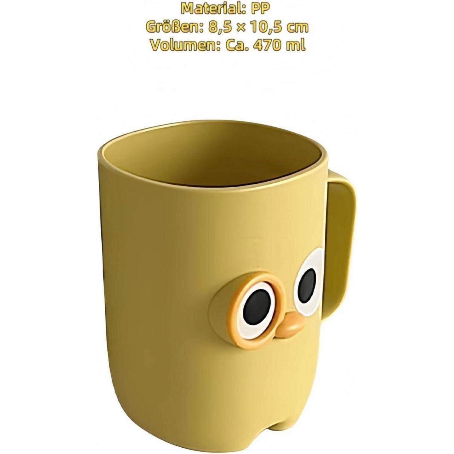 Gelber PP-Becher mit Cartoon-Gesicht und Henkel; Text besagt Größe 8,5 x 10,5 cm und Fassungsvermögen ca. 470 ml.