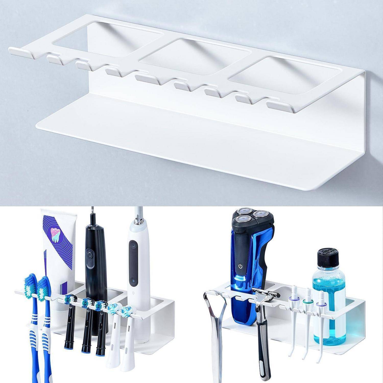 An der Wand montiertes weißes Badezimmer-Organizerregal mit Fächern für Zahnbürsten, elektrische Zahnbürsten, Rasierer und eine Flasche, gezeigt mit persönlichen Pflegeprodukten.