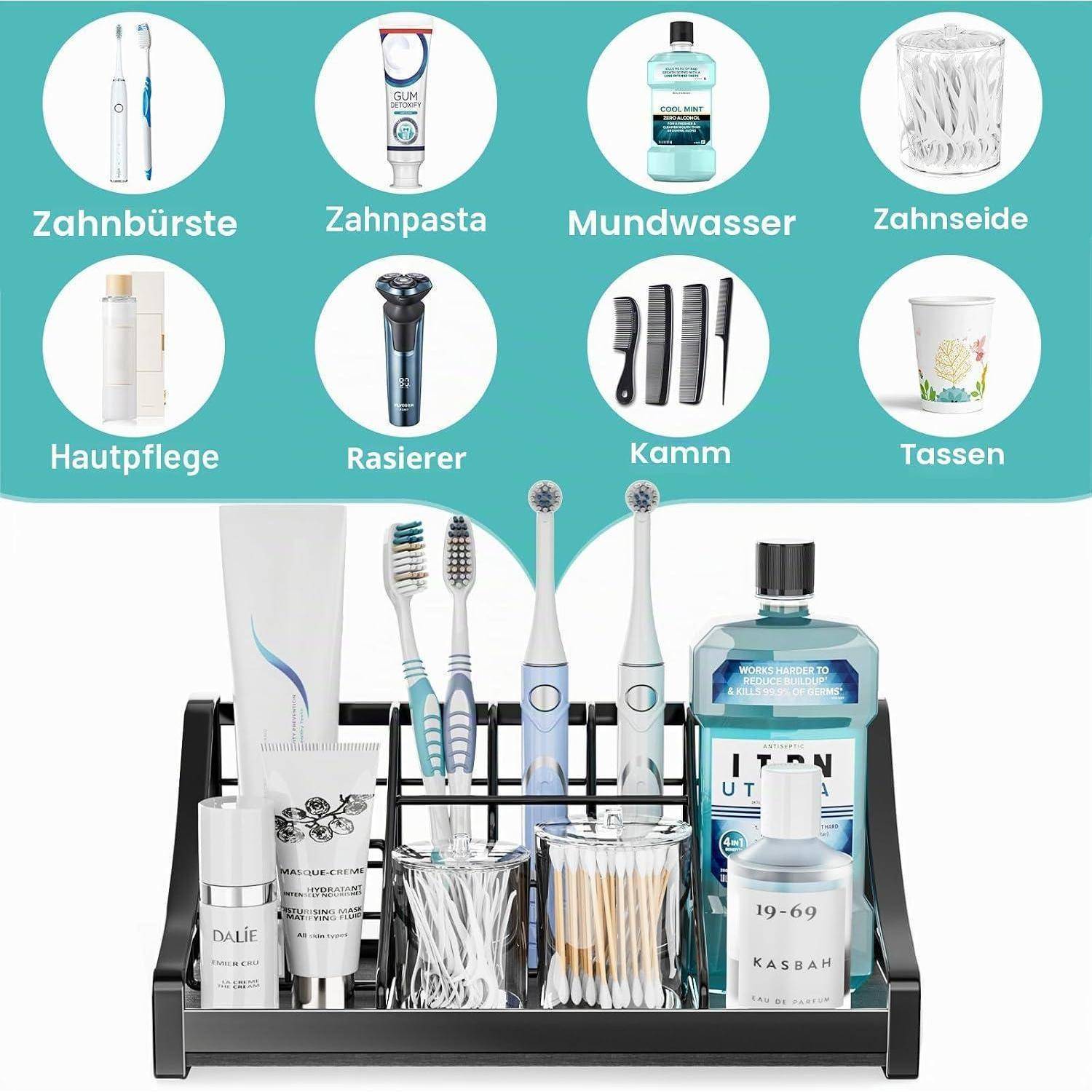 Illustrierter Badezimmer-Organizer zur Ordnung von Toilettenartikeln mit deutschen Beschriftungen: Zahnbürste, Zahnpasta, Mundwasser, Zahnseide, Hautpflege, Rasierer, Kämme und Becher.
