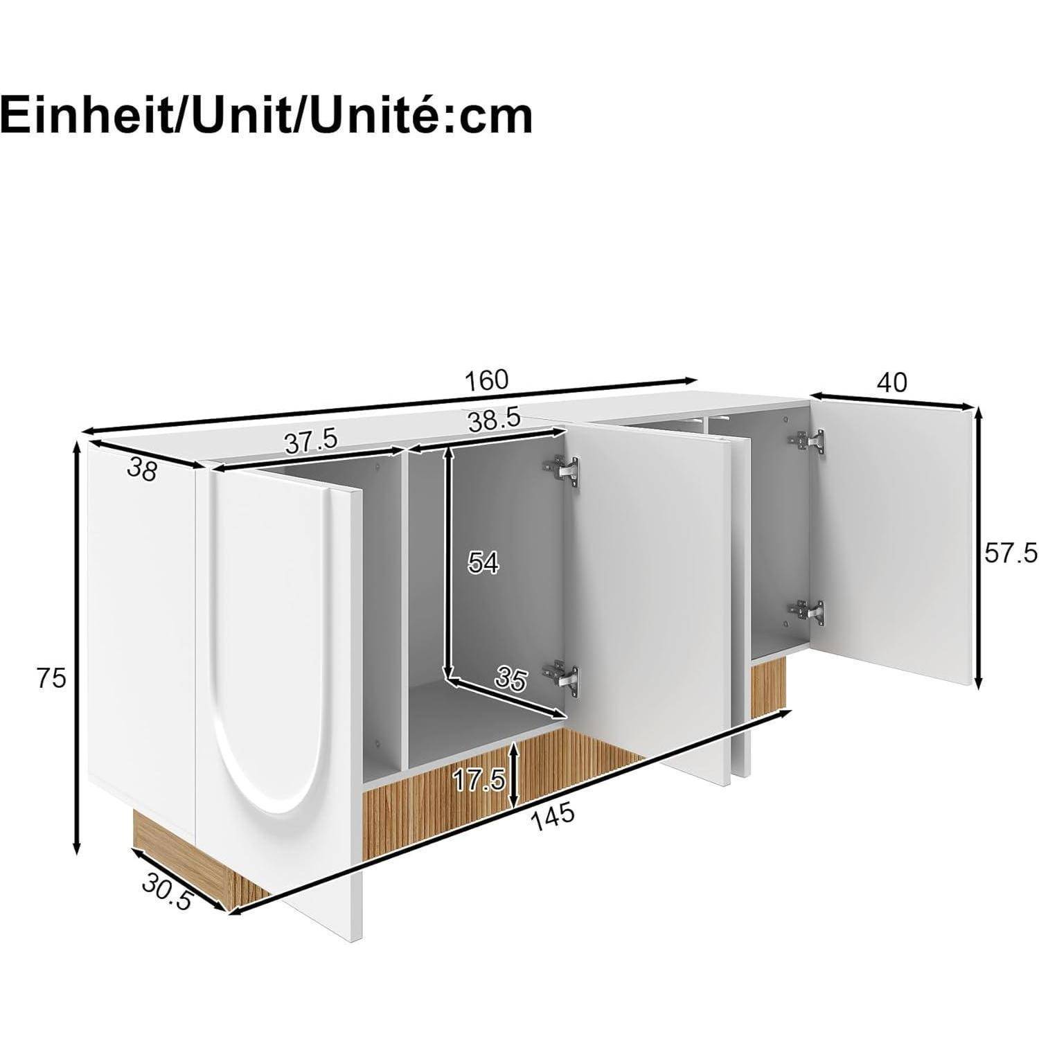 Abmessungsdiagramm eines dreitürigen Badezimmer-Waschtischschranks in cm, das die Gesamtgröße von 160 cm breit, 75 cm hoch und 40 cm tief zeigt, mit Messungen der internen Fächer.