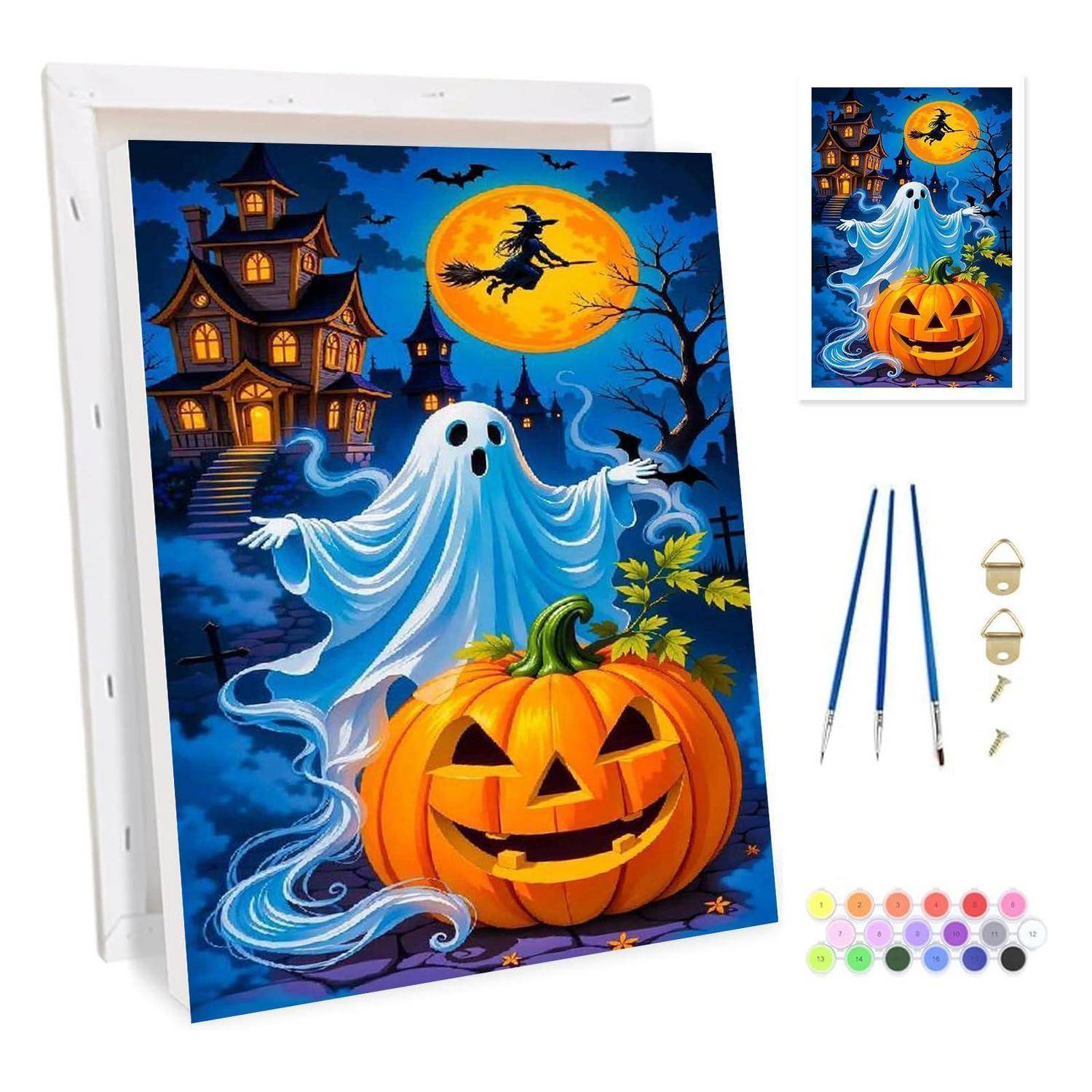 Halloween-Malbuch-Set mit einer Geist- und Kürbisgesicht-Szene, mit Leinwand, Pinseln, Wandhalterungen und Farbdosen im Lieferumfang enthalten.