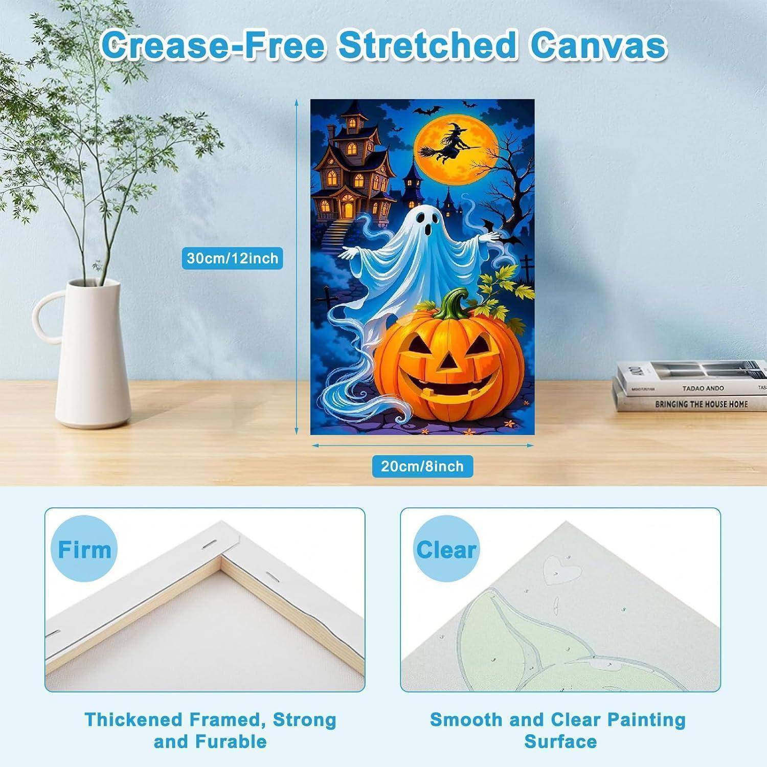 Werbebild einer 20x30 cm faltenfreien gespannten Leinwand, die eine Halloween-Szene zeigt, mit Nahaufnahmen, die einen dicken Rahmen und eine glatte Maloberfläche hervorheben.