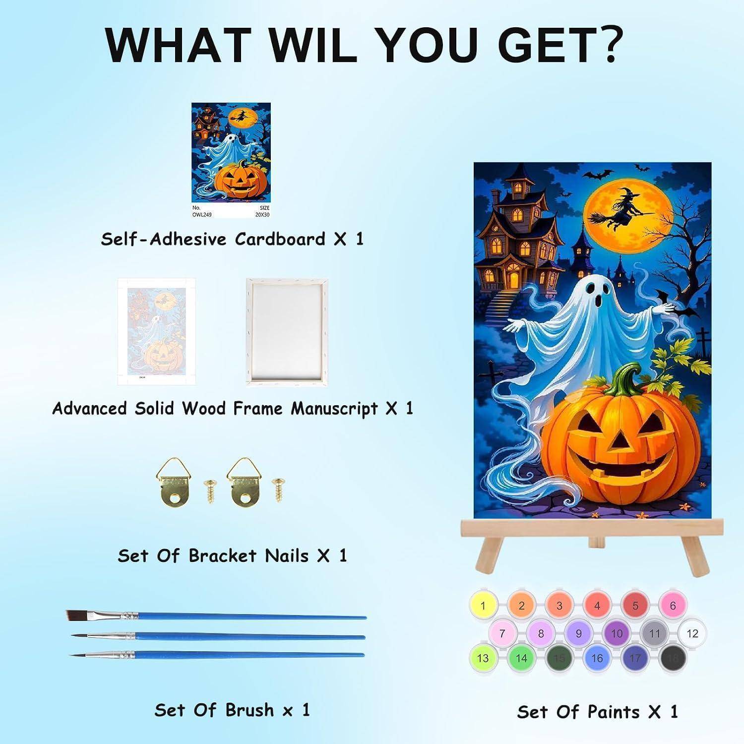 Produktinhaltsliste für ein Malen-nach-Zahlen-Set: selbstklebendes Karton, Holzrahmen, Halterungsnägel, Pinselsatz, Farben und ein Beispielgemälde mit Halloween-Geist und Kürbis.