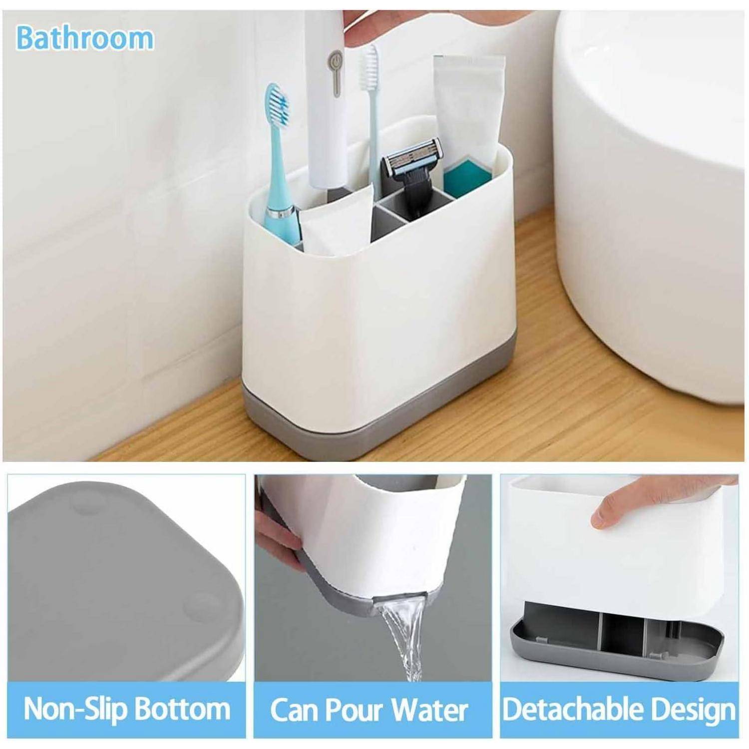 Badezimmer-Caddy mit Zahnbürste, Rasierer und Toilettenartikeln; Einsatzpaneele zeigen rutschfesten Boden, wasserdurchlässige Basis und abnehmbares Design.