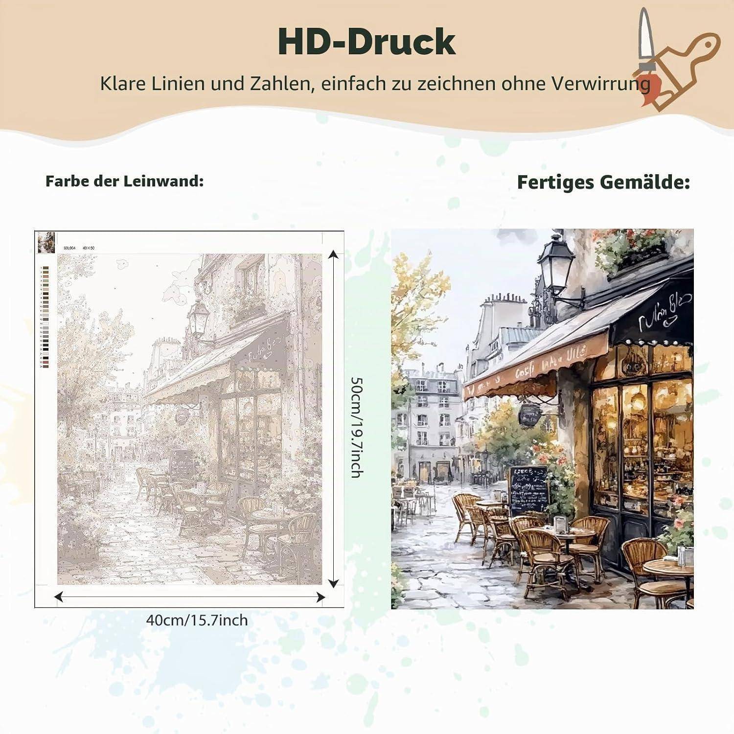 Produktanzeige mit einem 40 x 50 cm HD-Druck auf Leinwand, wobei auf der linken Seite eine schwache Skizze und auf der rechten Seite das fertige farbenfrohe Café-Straßengemälde gezeigt wird.