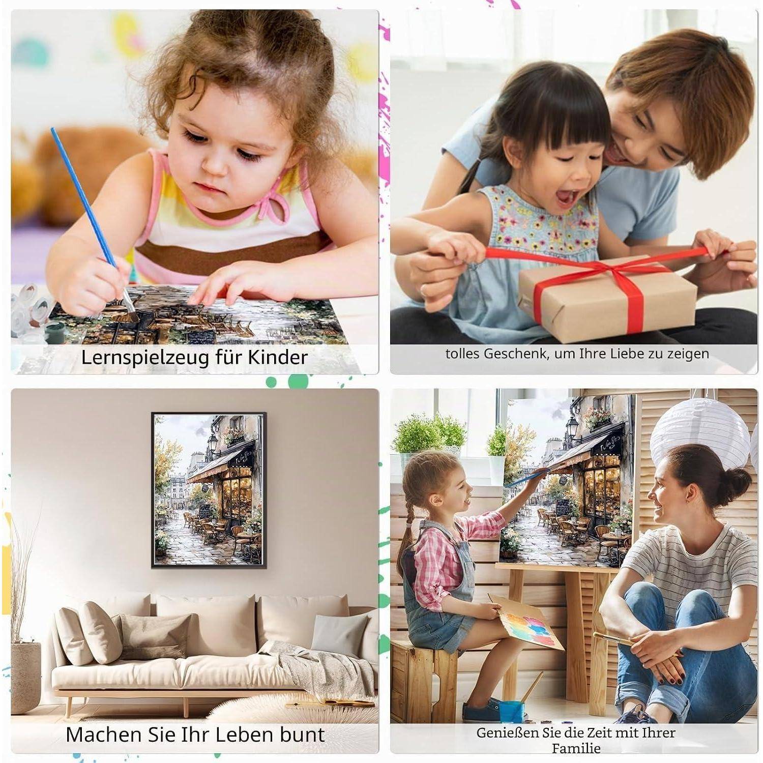 Vierfeld-Collage mit einem Kind, das malt, einer Mutter und einem Kind, das ein Geschenk auspackt, einem gerahmten Kunstwerk an der Wohnzimmerwand und einer Familie, die gemeinsam Zeit verbringt.