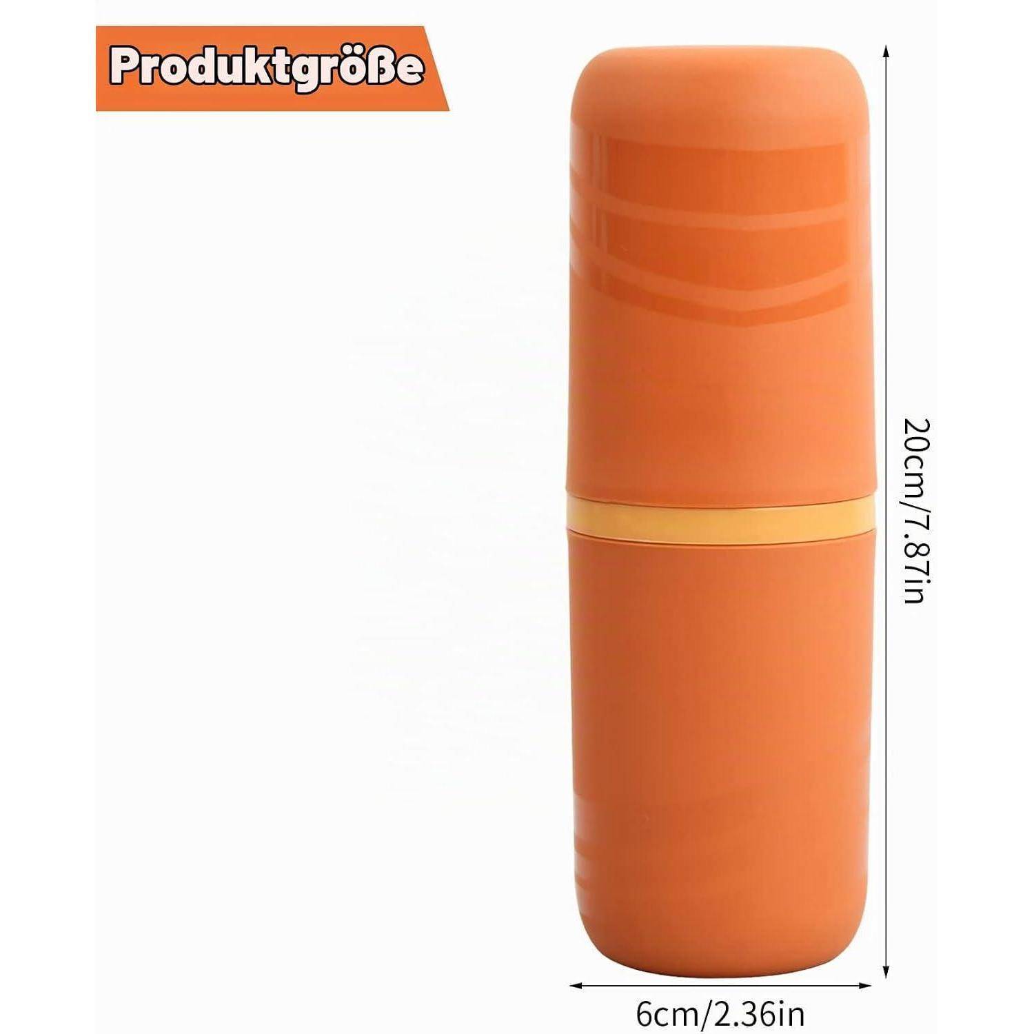Oranges zylindrisches Produkt mit Größenangaben dargestellt: 20 cm hoch und 6 cm breit.