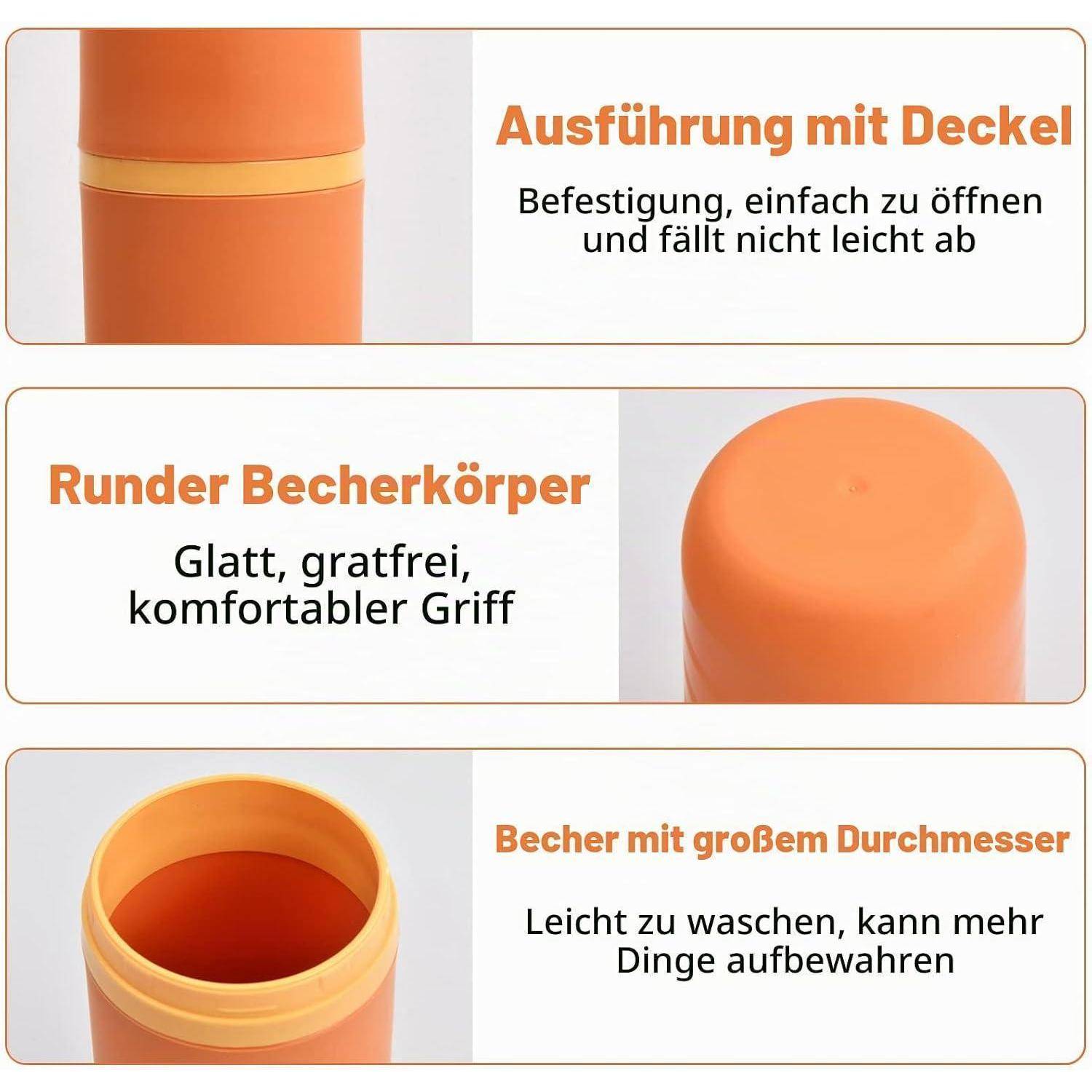 Dreipanel-Produktgrafik auf Deutsch, die einen orangefarbenen becherartigen Behälter mit Deckel zeigt, der ein leicht zu öffnendes Deckel, einen glatten runden Körper für komfortablen Griff und eine breite Öffnung für einfaches Waschen und Lagern hervorhebt.
