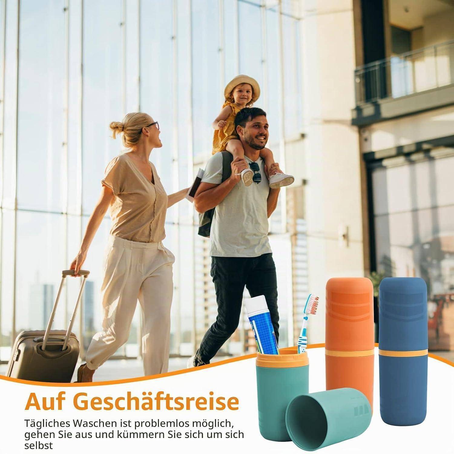 Familie mit Gepäck reist; Vater trägt Kind auf den Schultern, während Mutter einen Koffer zieht. Deutscher Text lautet „Auf Geschäftsreise