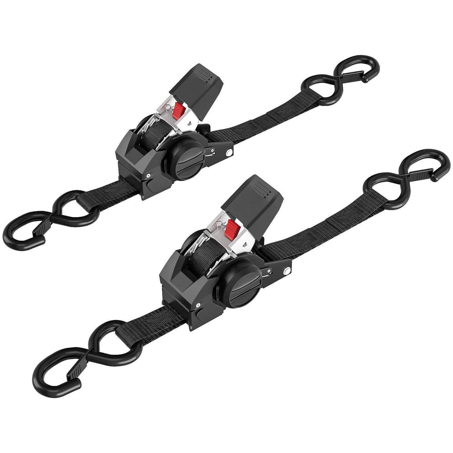 Zwei schwarze Ratschengurte mit Metallschnallen und Haken, auf weißem Hintergrund dargestellt.