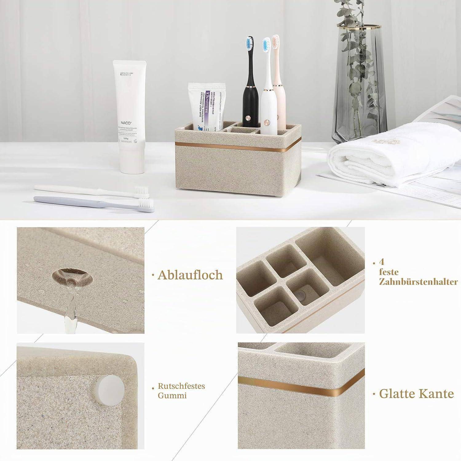 Produktfoto eines beigen Badorganizers mit Zahnbürsten und Zahnpasta, plus Nahaufnahmen, die ein Abloch, eine rutschfeste Basis, vier Zahnburstenschlitze und glatte Kanten zeigen.