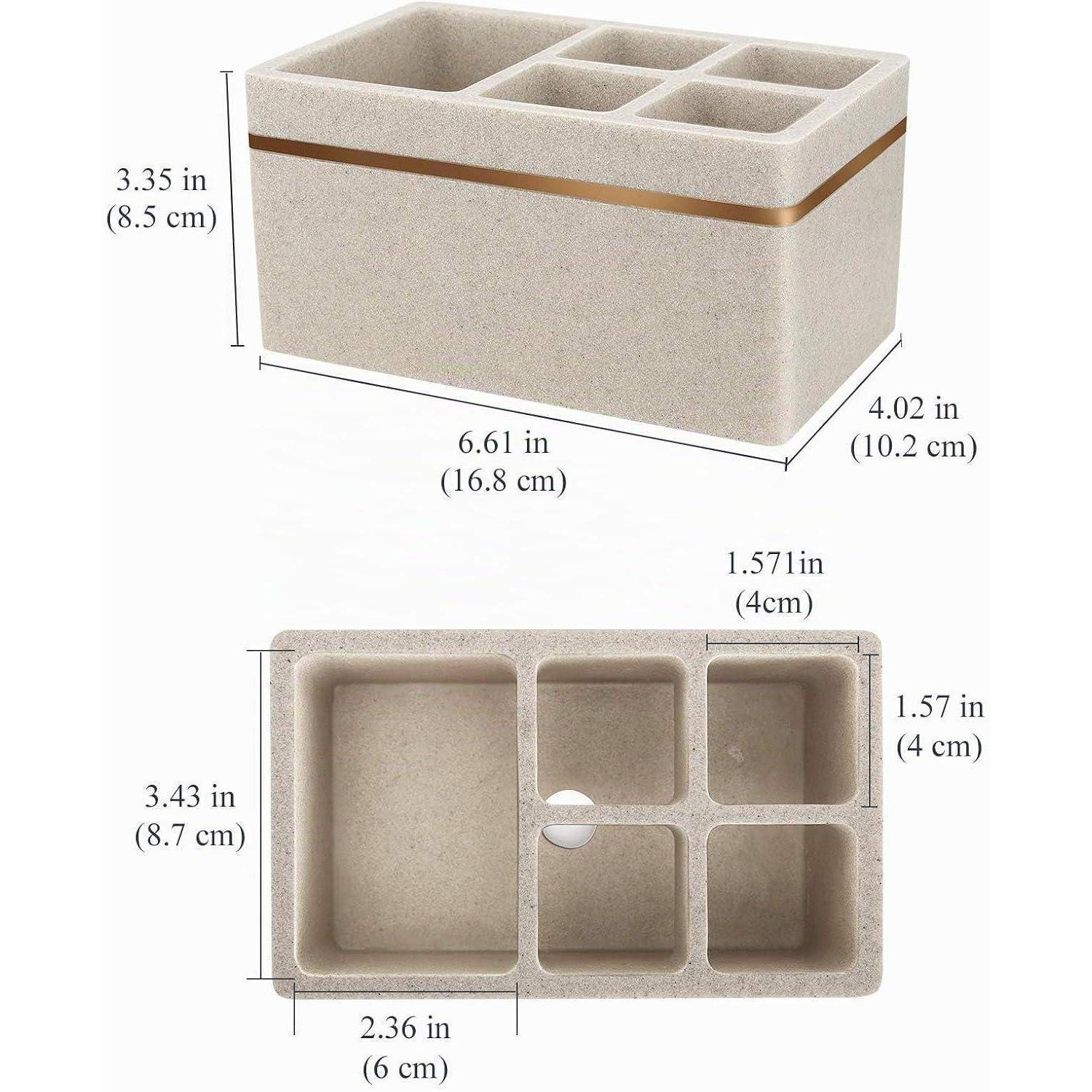 Organizer-Box mit Deckel für die Arbeitsplatte mit sechs Fächern, gezeigt in Perspektivansicht und Draufsicht, mit Beschriftungen der Abmessungen 6,61 x 4,02 x 3,35 Zoll und Fachgrößen.