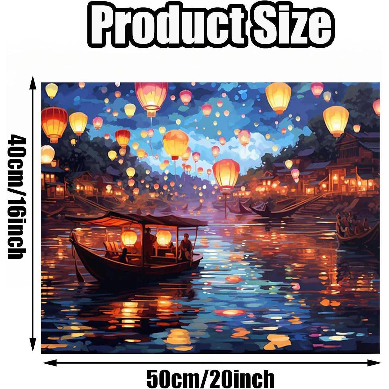 Größentabelle für Produkt mit einem quadratischen Bild von schwebenden Laternen auf Booten in der Nacht, beschriftet 40 cm / 16 Zoll Höhe und 50 cm / 20 Zoll Breite.