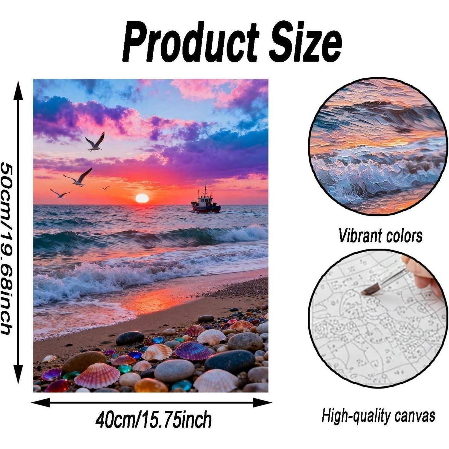 Produktgrößen-Infografik mit einem 40 cm x 50 cm Leinwanddruck mit einem Strandsonnenuntergang-Bild, plus Nahaufnahmen mit den Beschriftungen „Lebendige Farben