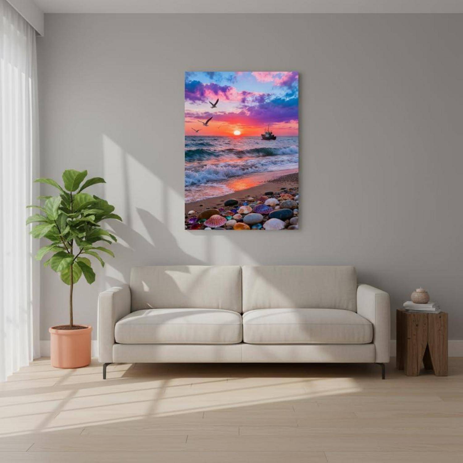 Minimalistisches Wohnzimmer mit beigem Sofa, Topfpflanze, Beistelltisch und farbenfrohem Sonnenuntergang-Strandgemälde an einer grauen Wand.