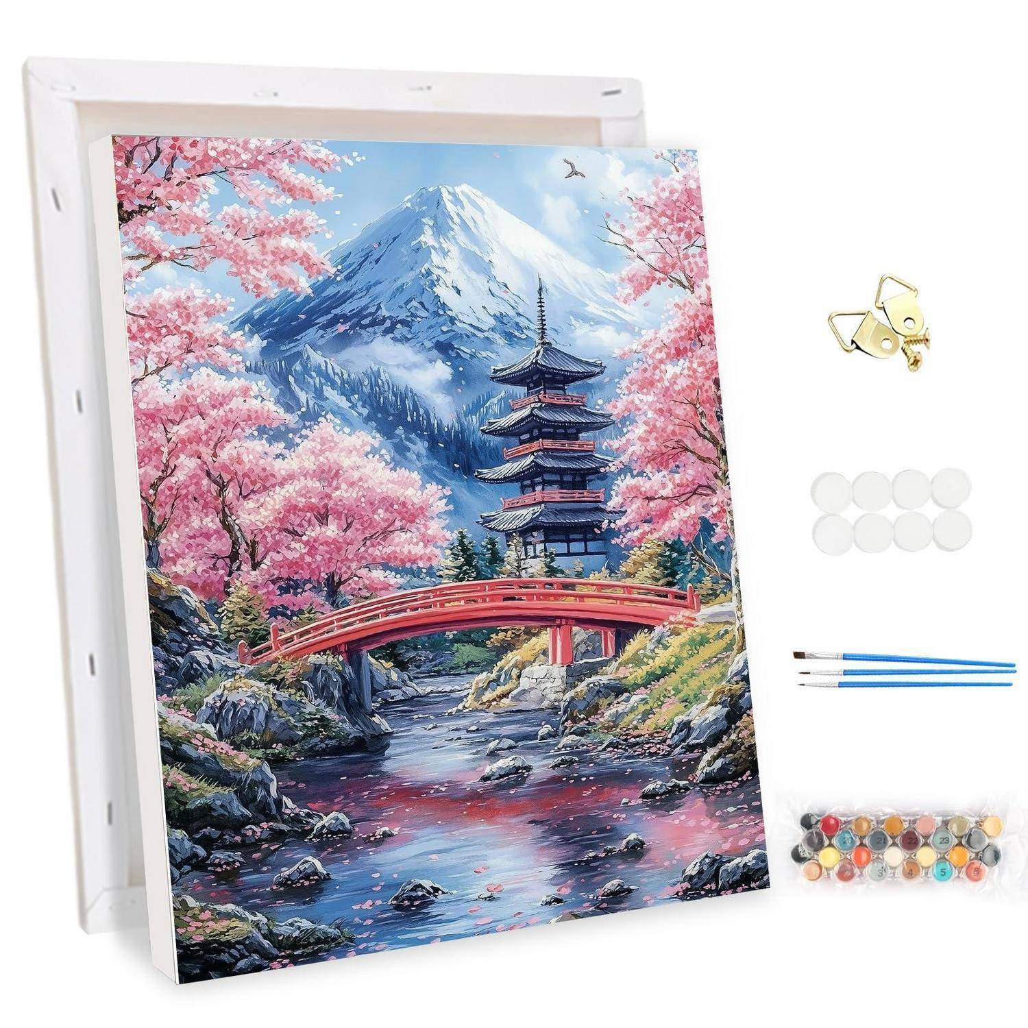 Malen-nach-Zahlen-Leinwand des Bergs Fuji mit Kirschblüten, Pagode und roter Brücke; Zubehör daneben abgebildet.