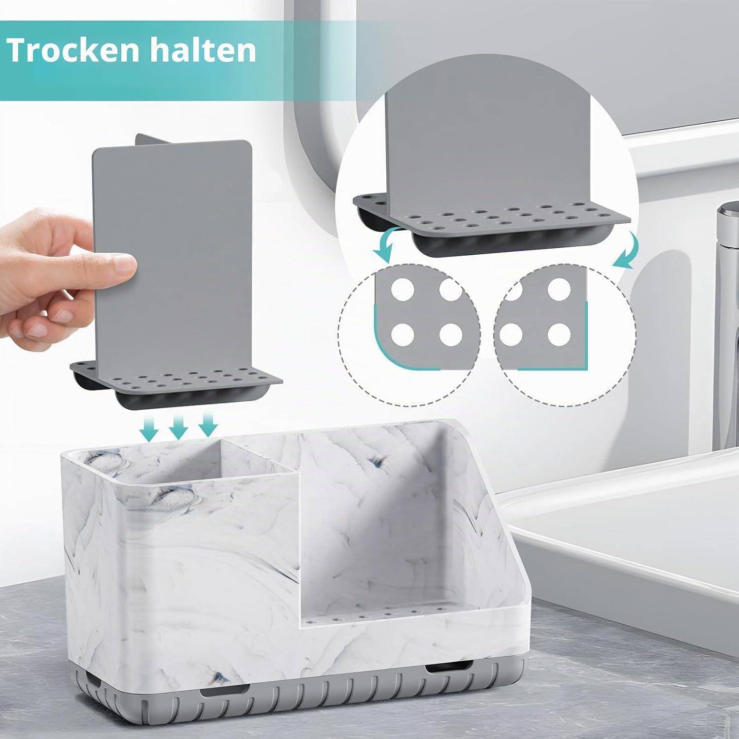 Hand, die einen grauen Trocknungseinsatz in einen Spülbecken-Caddy mit Marmoroptik einführt; eingefügte Diagramme zeigen, wie sich die perforierte Basis zum Einpassen faltet, mit dem deutschen Text „Trocken halten