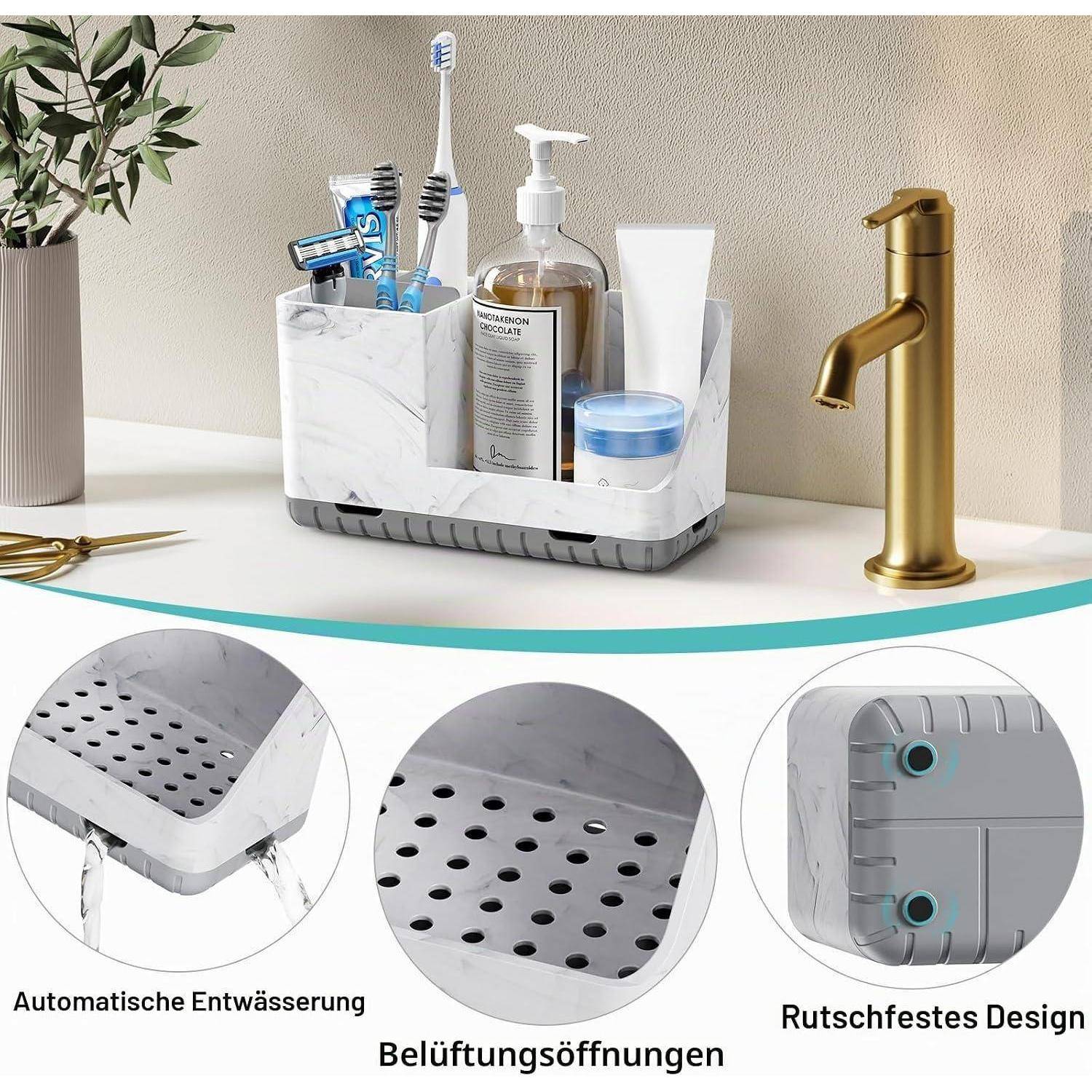 Waschbeckenkaddy mit Marmor-Optik, der Zahnbürsten, Seife, Lotion und einen Becher neben einem goldfarbenen Wasserhahn hält; eingefügte Nahaufnahmen zeigen Drainage, Belüftungslöcher und rutschfeste Konstruktion.