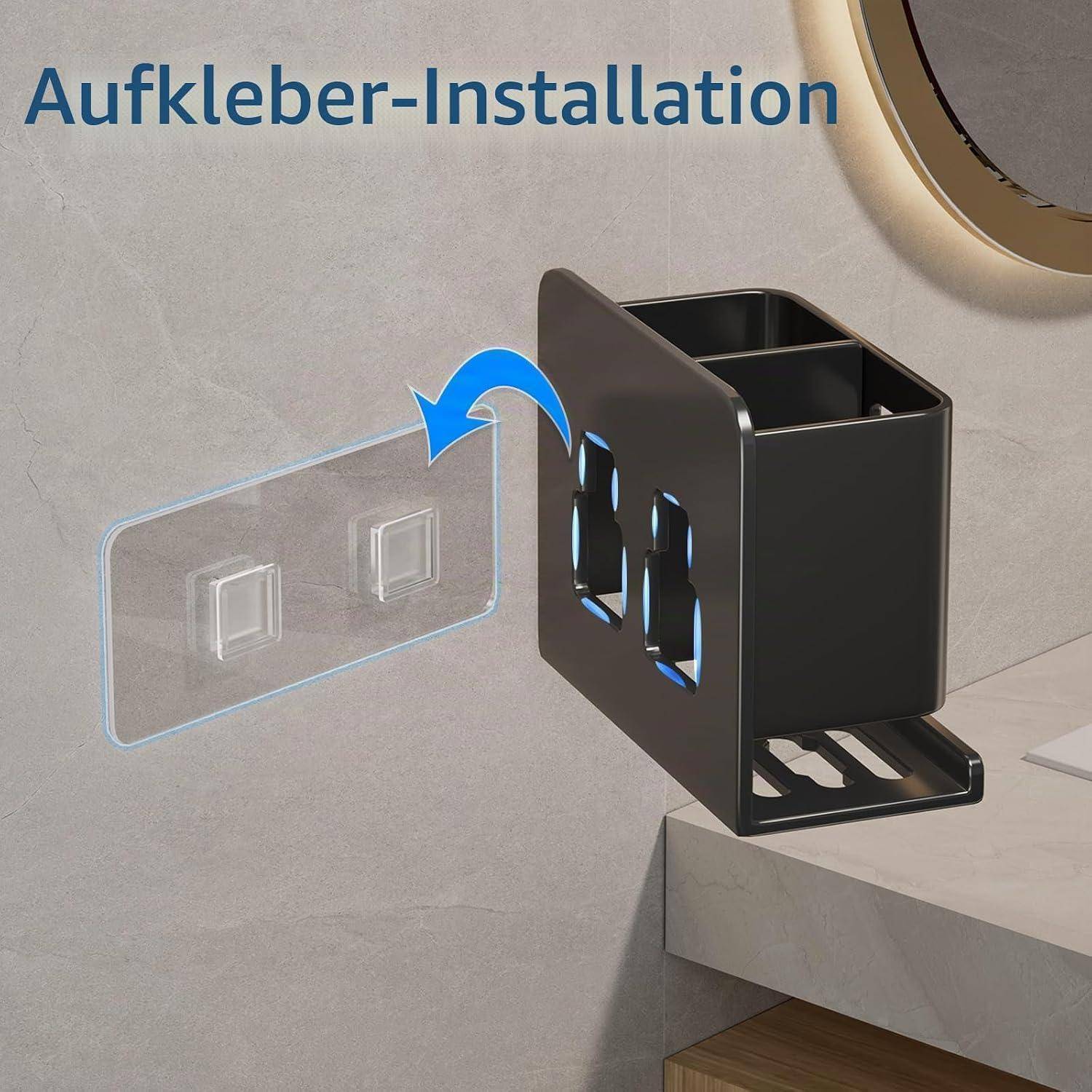 Diagramm zur Installation von Klebepads: Eine schwarze wandmontierte Halterung wird an transparenten Klebepads an einer Wand ausgerichtet, angezeigt durch einen blauen Pfeil; der Text lautet „Aufkleber-Installation
