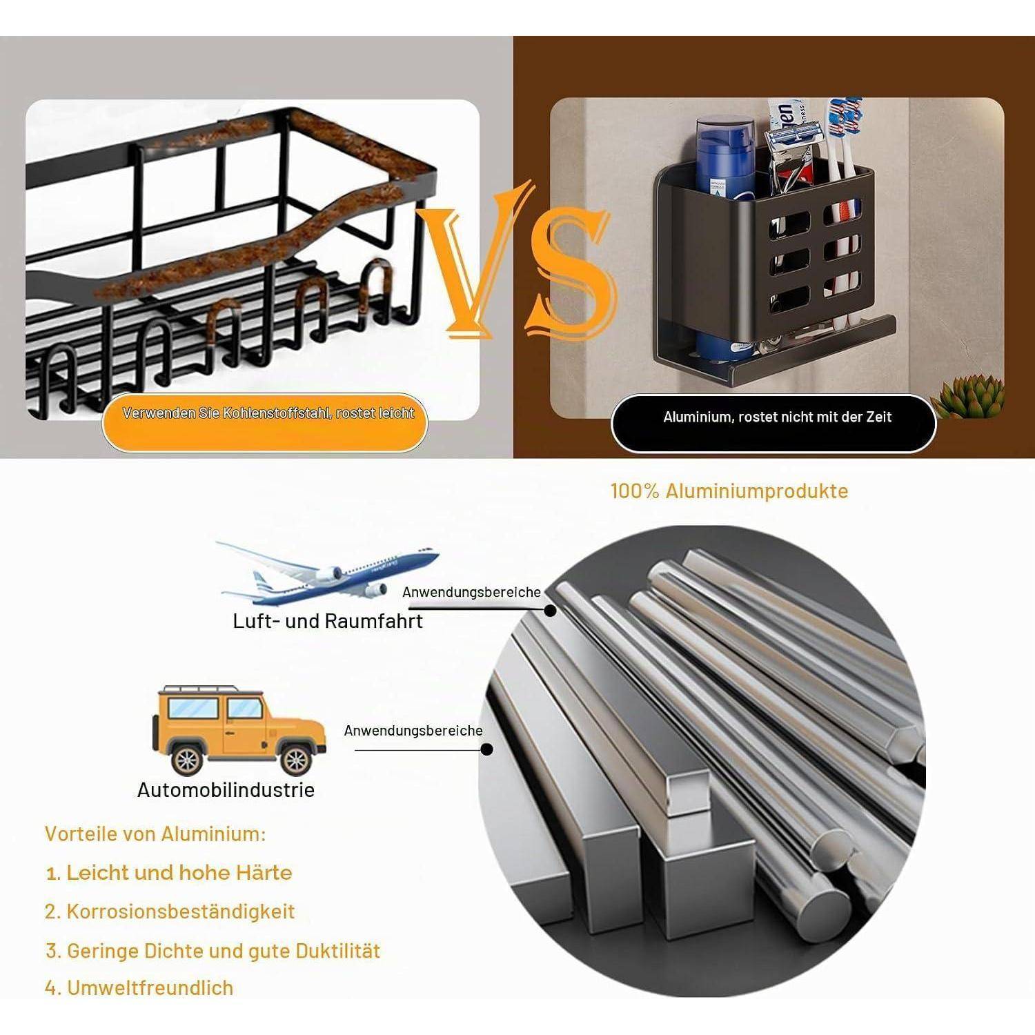 Infografik zum Vergleich eines rostigen Metallgestells mit einem Aluminiumgestell, plus Aluminiumstäbe und deren Verwendung in Luft- und Raumfahrt sowie Automobilindustrie; listet Aluminiumvorteile auf: leicht, stark, korrosionsbeständig, duktil, umweltfreundlich.