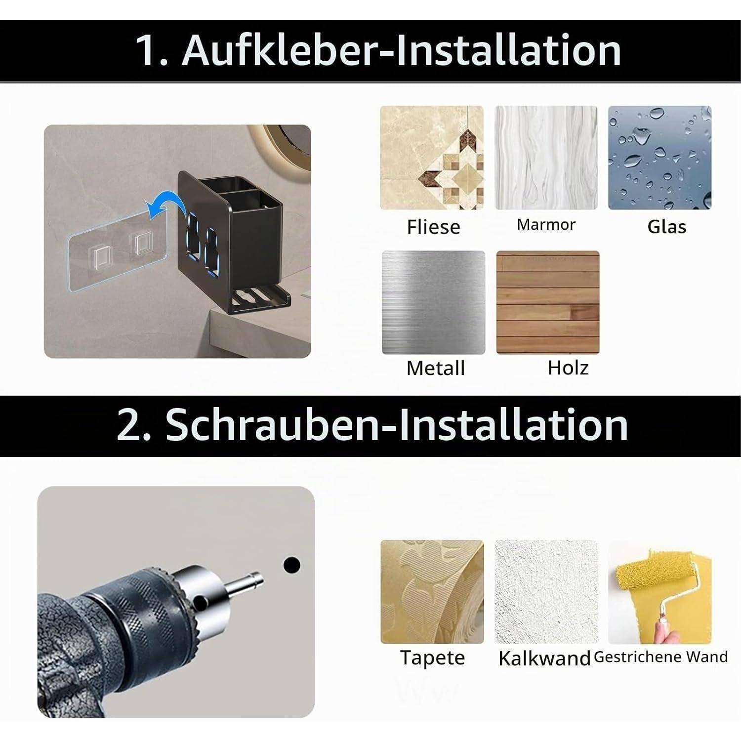 Installationsleitfaden mit zwei Methoden: Klebemontage für Fliesen, Marmor, Glas, Metall oder Holz und Schraubenmontage für Tapeten, Putz oder gestrichene Wände.