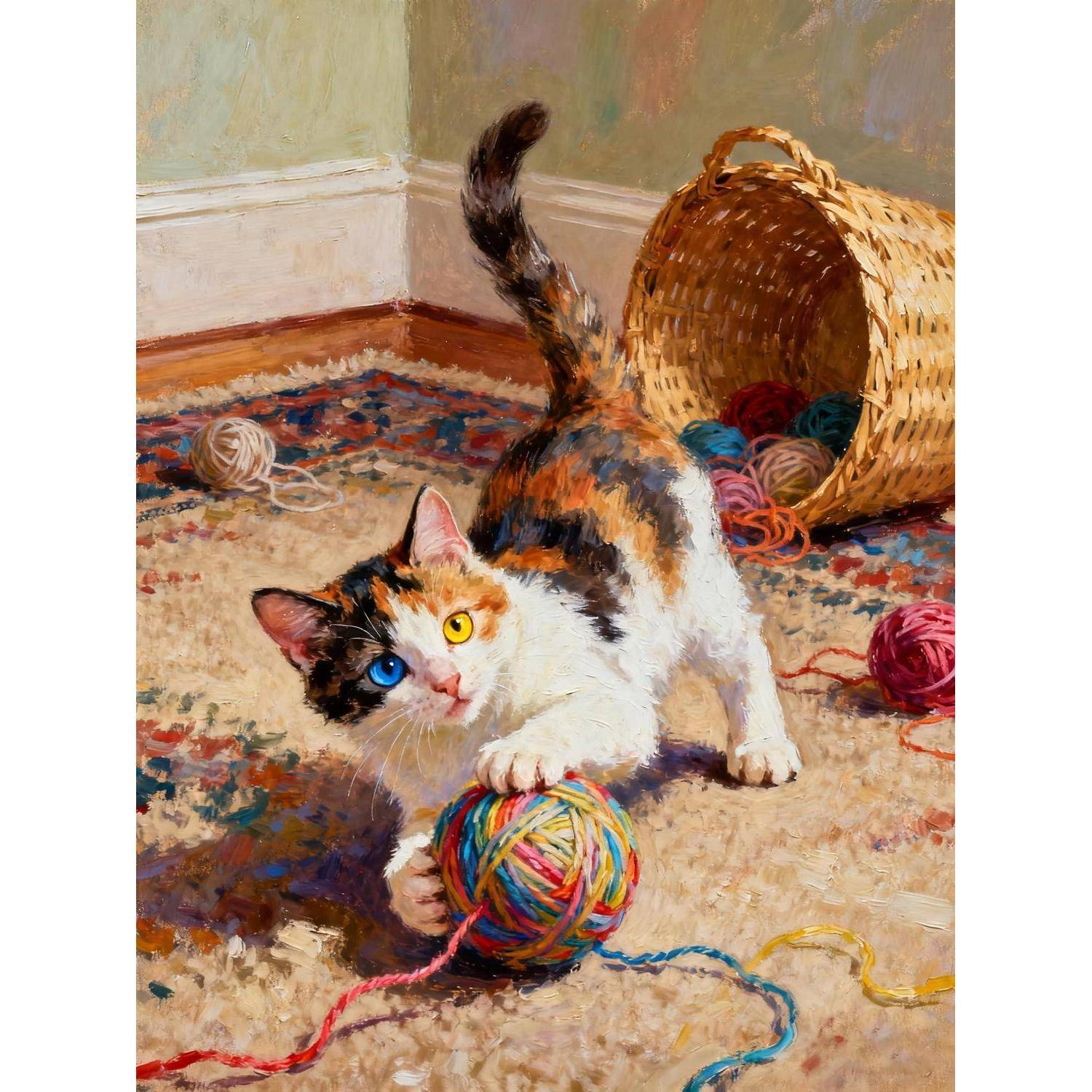 Dreifarbige Katze, die mit einem mehrfarbigen Wollknäuel auf einem Teppich spielt, neben einem umgestürzten Weidenkorb mit verstreuter Wolle in einer Ecke eines Zimmers.