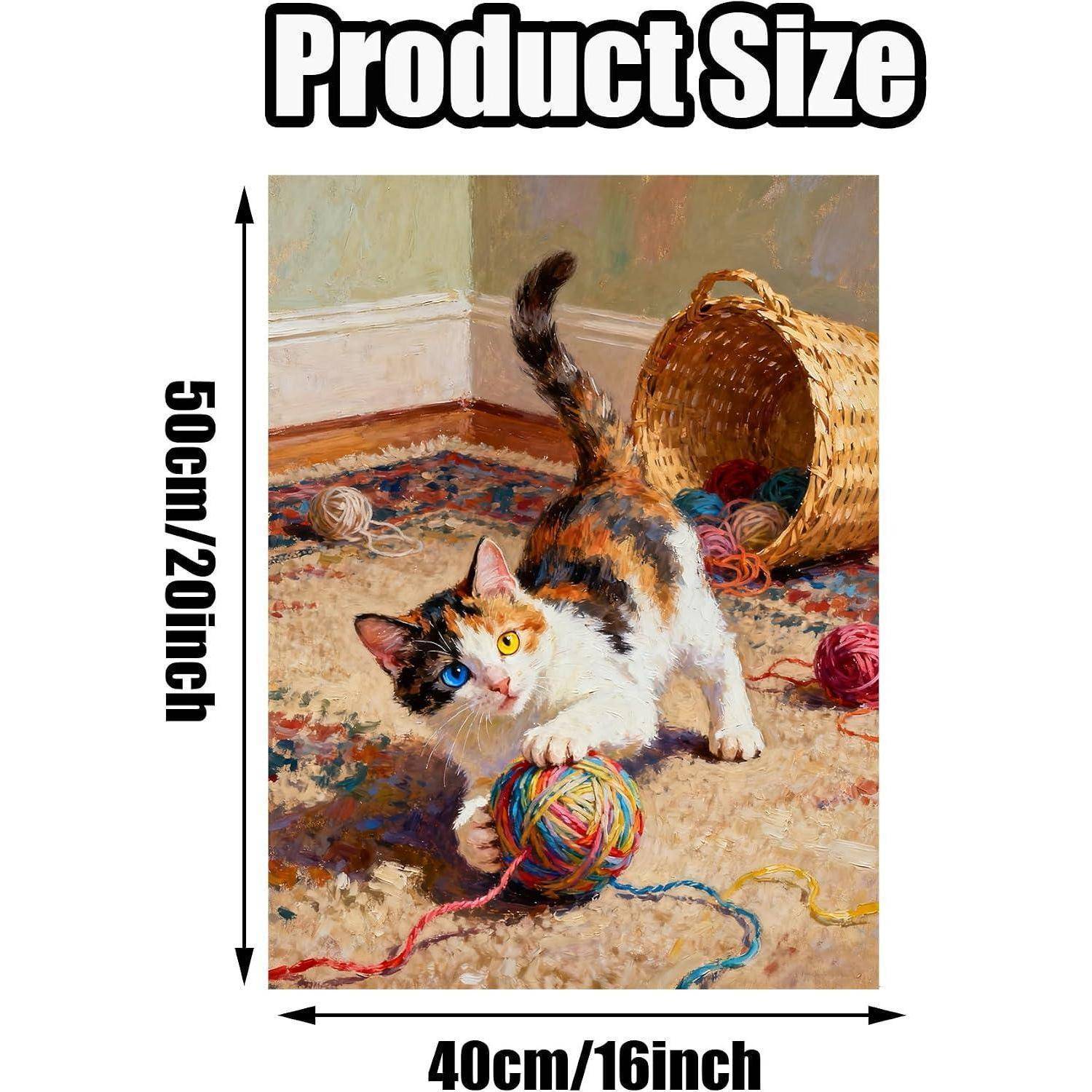 Produktgrößentabelle mit 50 cm/20 Zoll Höhe und 40 cm/16 Zoll Breite, mit einer Illustration einer Katze, die mit einem Wollknäuel spielt.