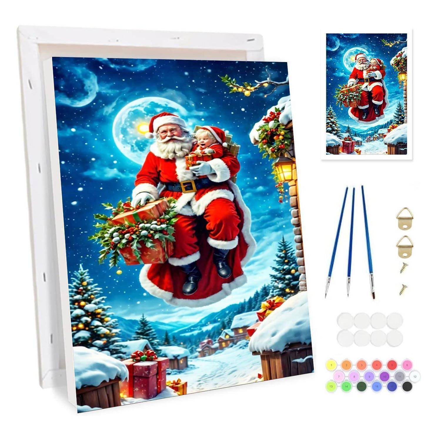 Weihnachts-Diamantmalerei-Set mit dem Motiv des Weihnachtsmanns, der ein Kind in einer verschneiten Mondnachtszene hält, mit Leinwand, Werkzeugen, Bohrern und Referenzbild.