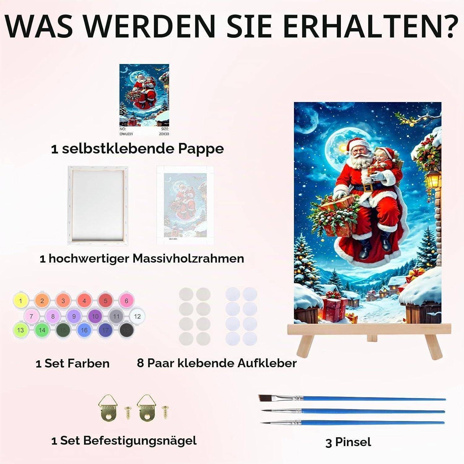 BOWETILE Weihnachtsmann und Rentier Malen nach Zahlen für Erwachsene mit Rahmen, Zahlenmalerei Set für Anfänger Leinwand Kit, Gemälde Bastelset au