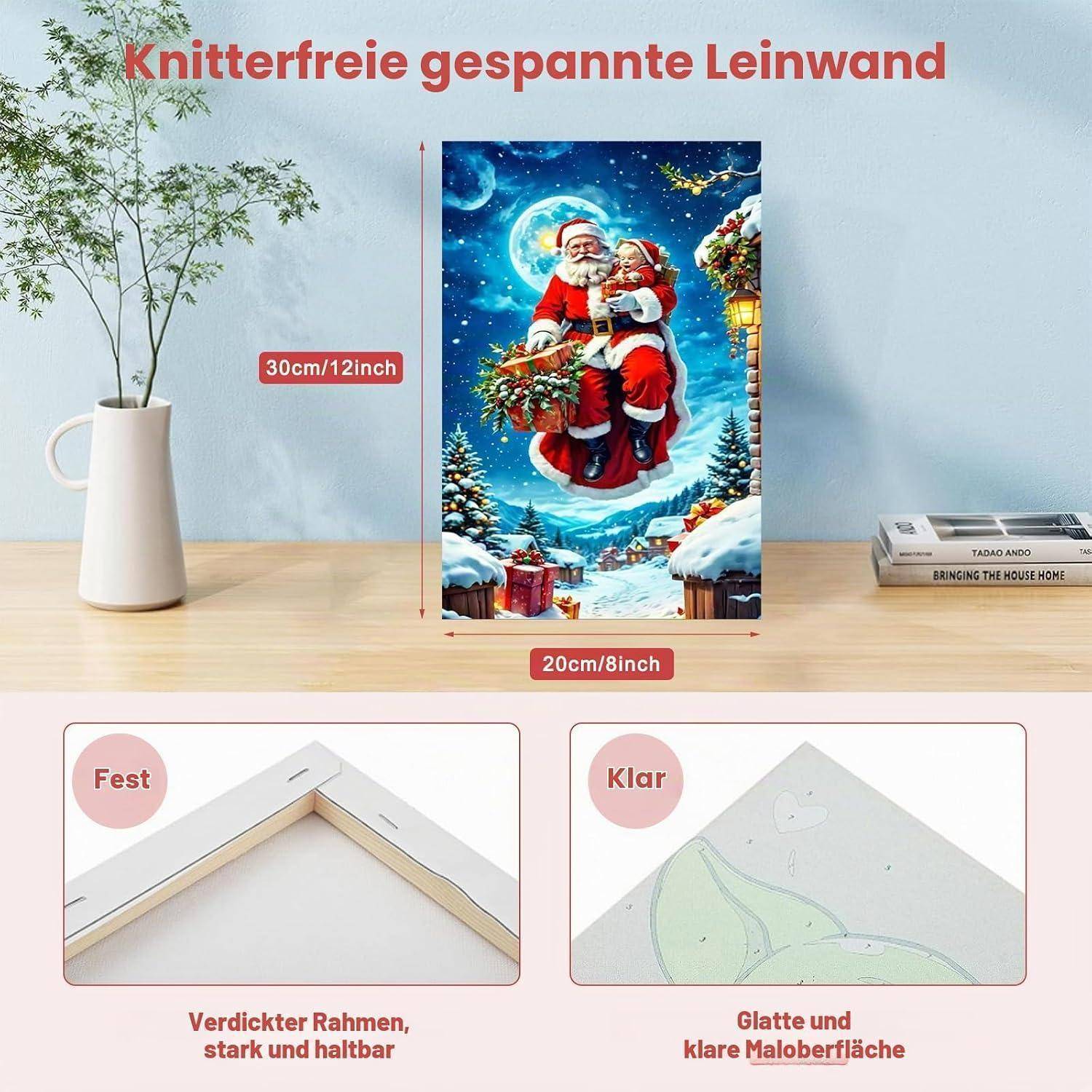 BOWETILE Weihnachtsmann und Rentier Malen nach Zahlen für Erwachsene mit Rahmen, Zahlenmalerei Set für Anfänger Leinwand Kit, Gemälde Bastelset au