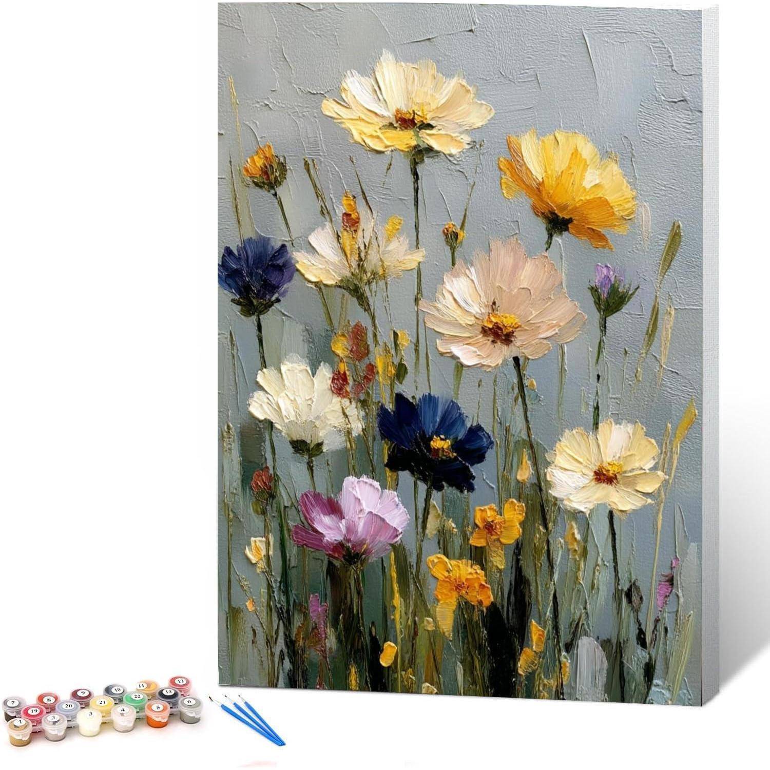 Leinwandgemälde von hohen Wildblumen in Weiß, Gelb, Blau, Rosa und Orange vor einem grauen Hintergrund, mit darunter gezeigten Farbtöpfen und Pinseln.