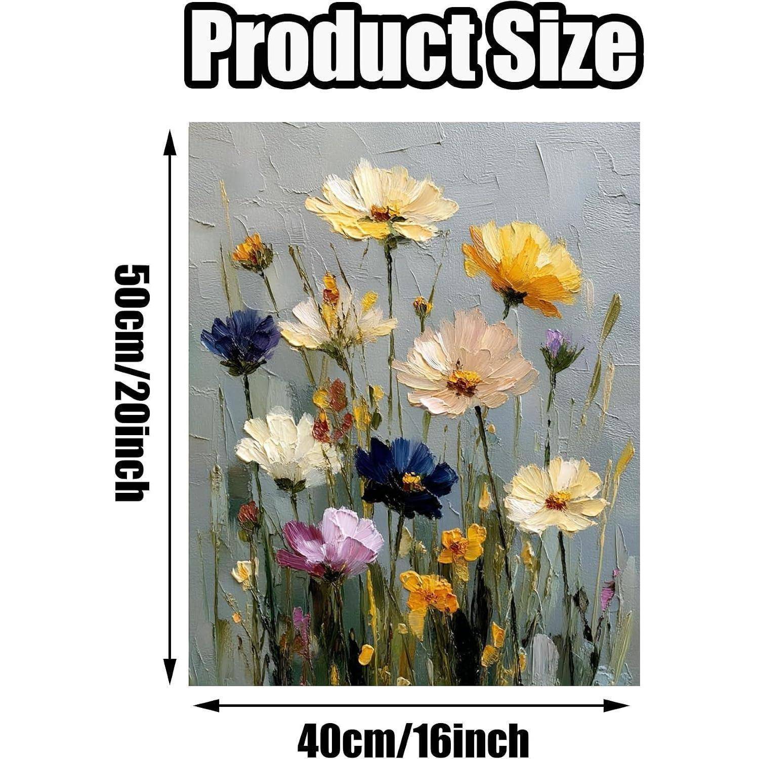 Größentabelle für Produkte, die ein Blumengemälde zeigt, das 50 cm/20 Zoll hoch und 40 cm/16 Zoll breit ist.