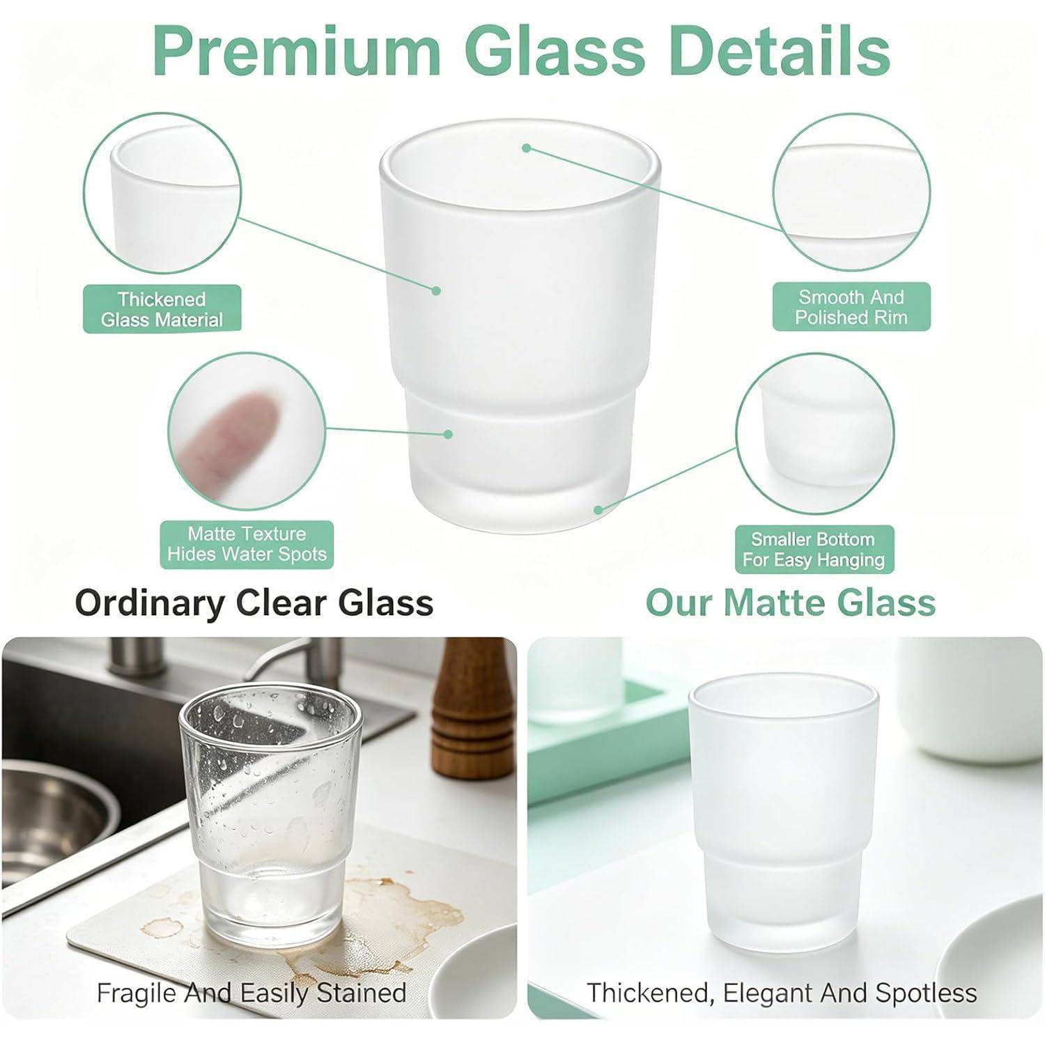 Infografik zum Vergleich von gewöhnlichem klarem Glas und Mattglas, die verstärktes Material, glatte polierte Kanten, matte Oberfläche und einfache Aufhängung hervorhebt; Mattglas wird als robuster und fleckenlos dargestellt.