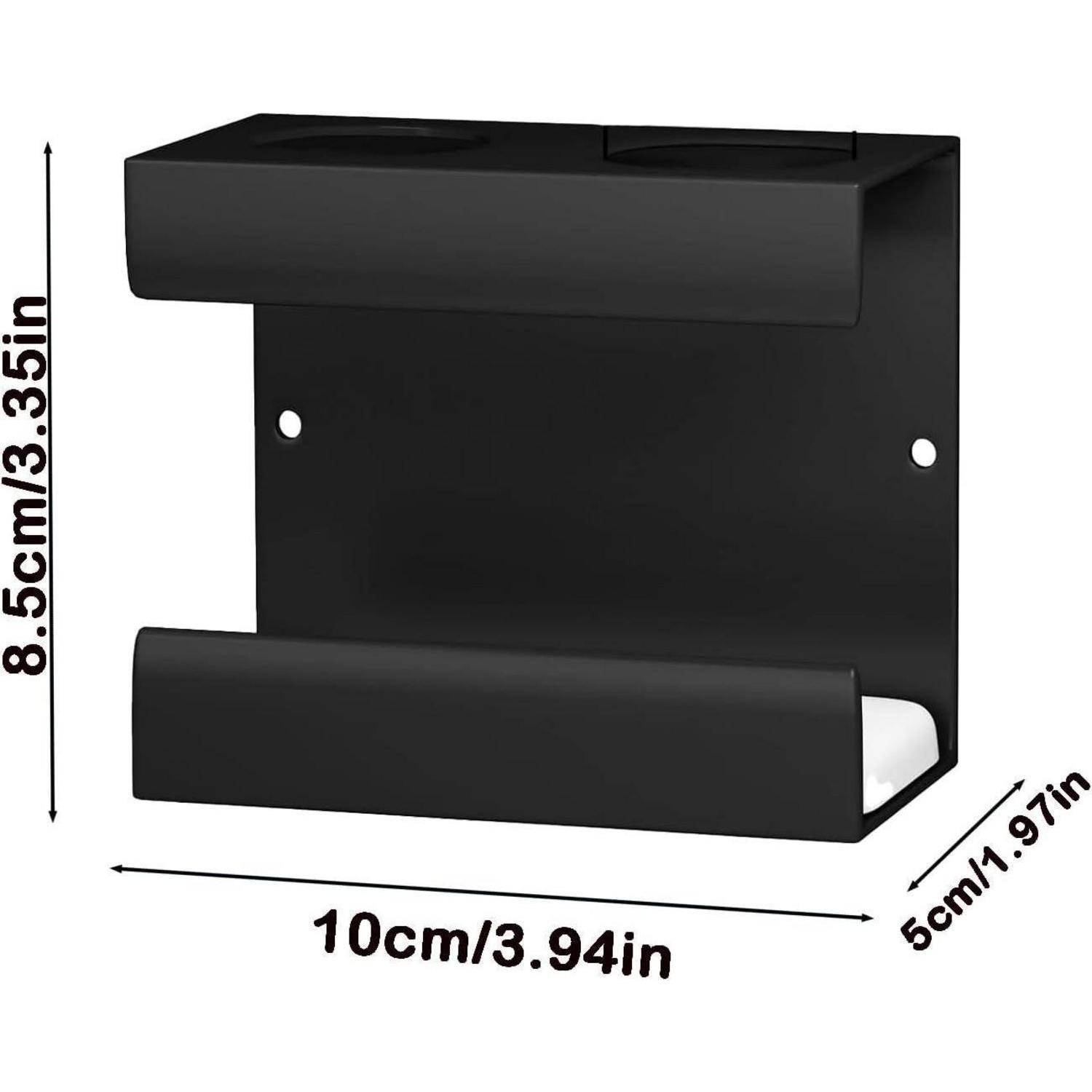 Schwarze wandmontierte Halterung oder Regal, beschriftet 10 cm breit, 8,5 cm hoch und 5 cm tief.