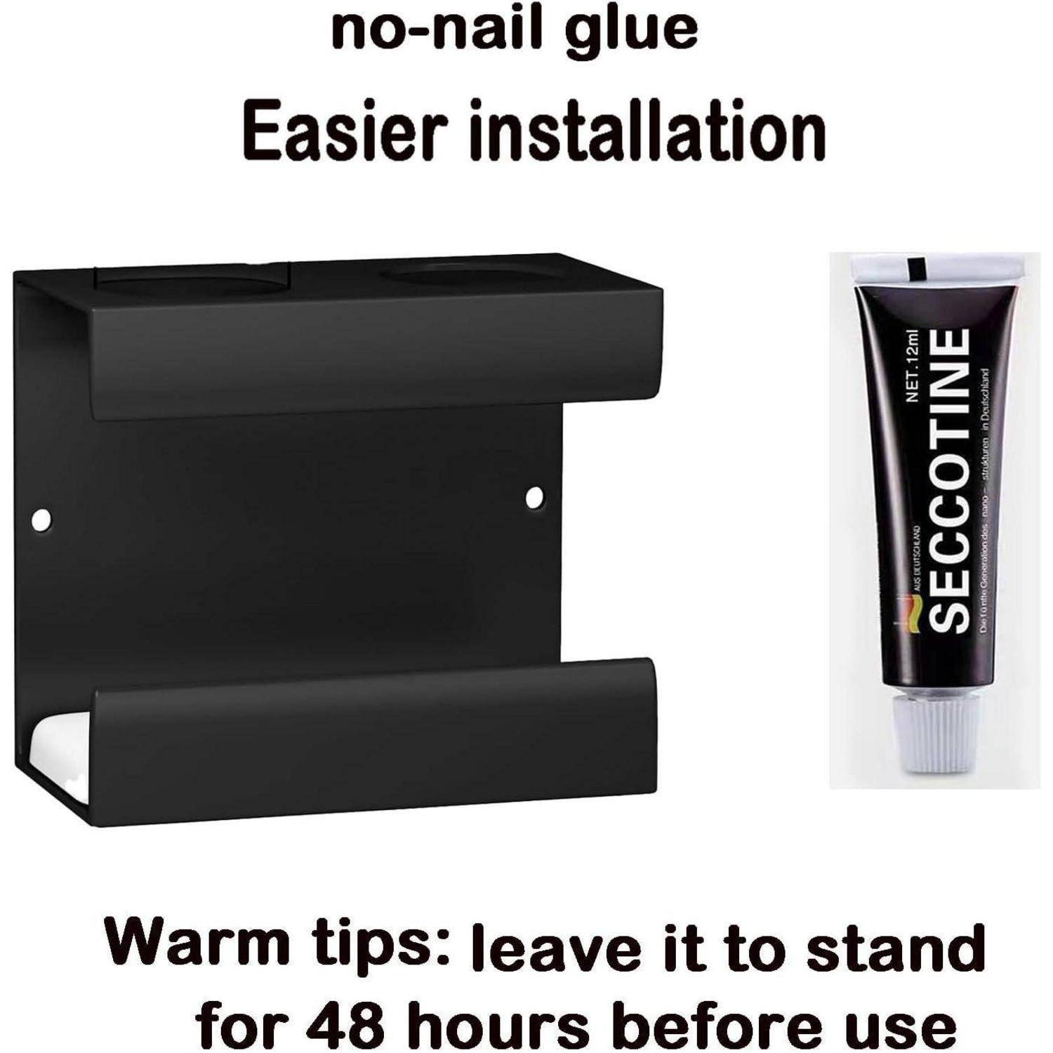 Schwarze wandmontierte Regalbracket mit Klebstoff ohne Nägel; der Text besagt „Einfachere Installation